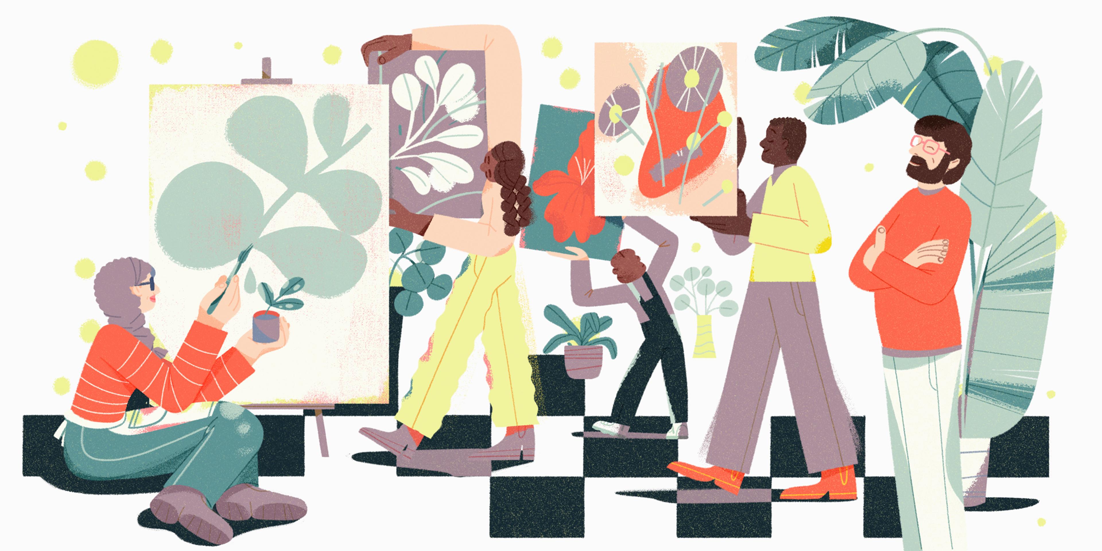 Une illustration montre un groupe de personnes engagées dans diverses activités créatives, notamment la peinture et le dessin, dans une pièce remplie de plantes et d'éléments décoratifs.