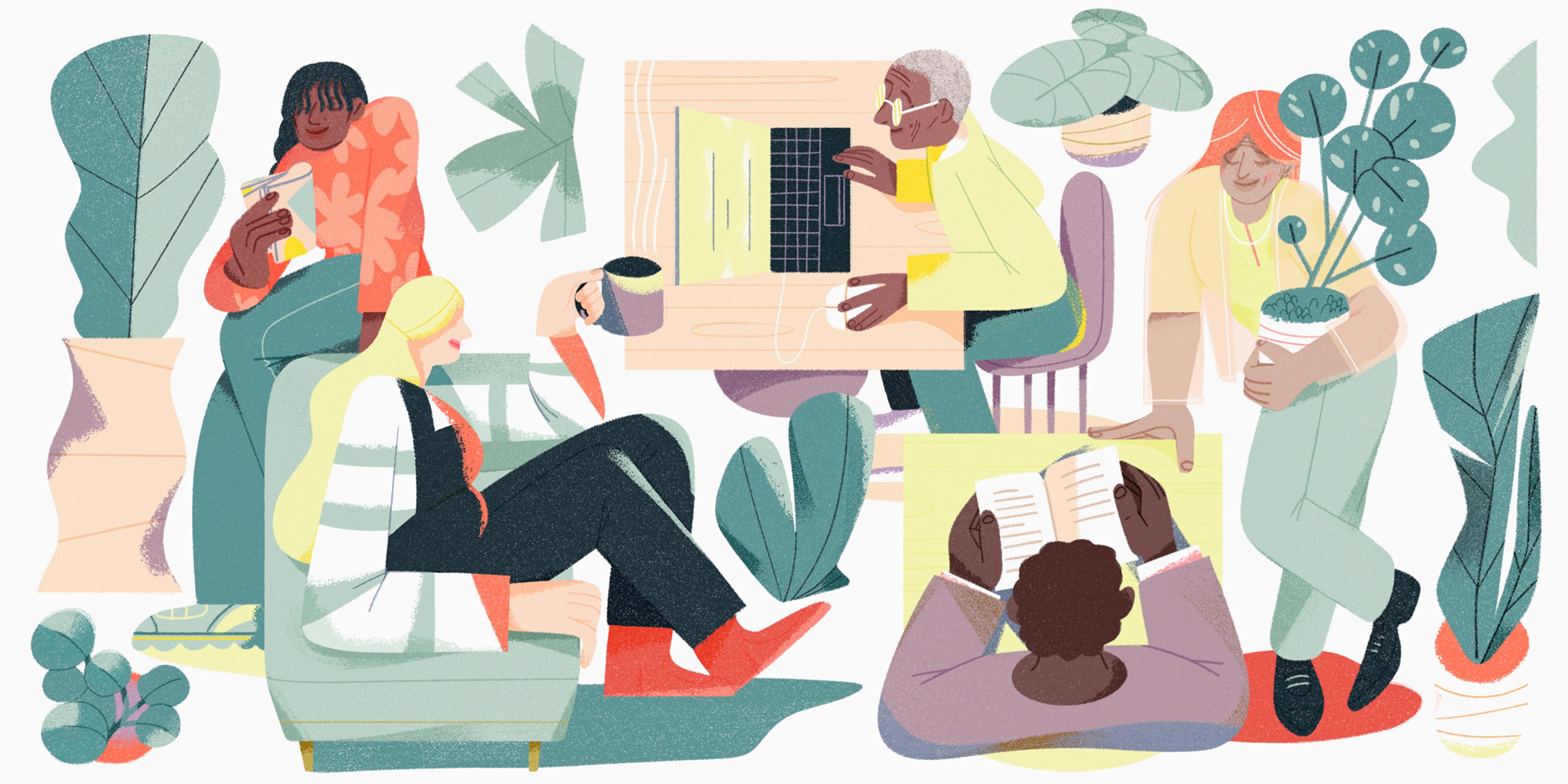 Une illustration représentant six personnes au cabinet d’ergothérapie en santé mentale L-Étagère à Lausanne engagées dans diverses activités telles que lire, utiliser un ordinateur portable, boire du café et s'occuper des plantes dans un cadre intérieur confortable.