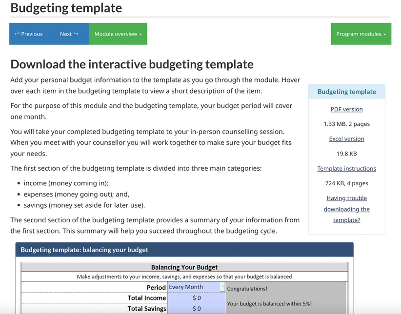 Interactive budgeting template example