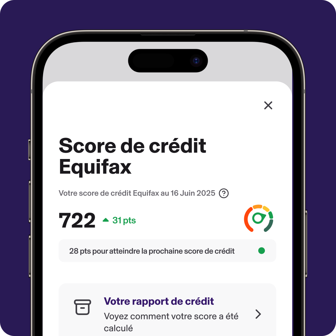 L'application KOHO affiche le rapport de crédit d'Equifax