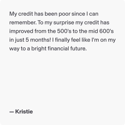 My credit has been poor since I can remember. To my surprise my credit has improved from the 500's to the mid 600's in just 5 months! I finally feel like I'm on my way to a bright financial future. - Kristie