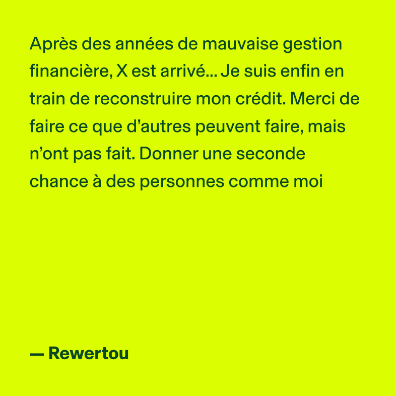 Après des années de mauvaise gestion financière, KOHO est arrivé... Je suis enfin en train de reconstruire mon crédit. Merci de faire ce que d'autres peuvent faire, mais n'ont pas fait. Donner une seconde chance à des personnes comme moi. - Rewertou