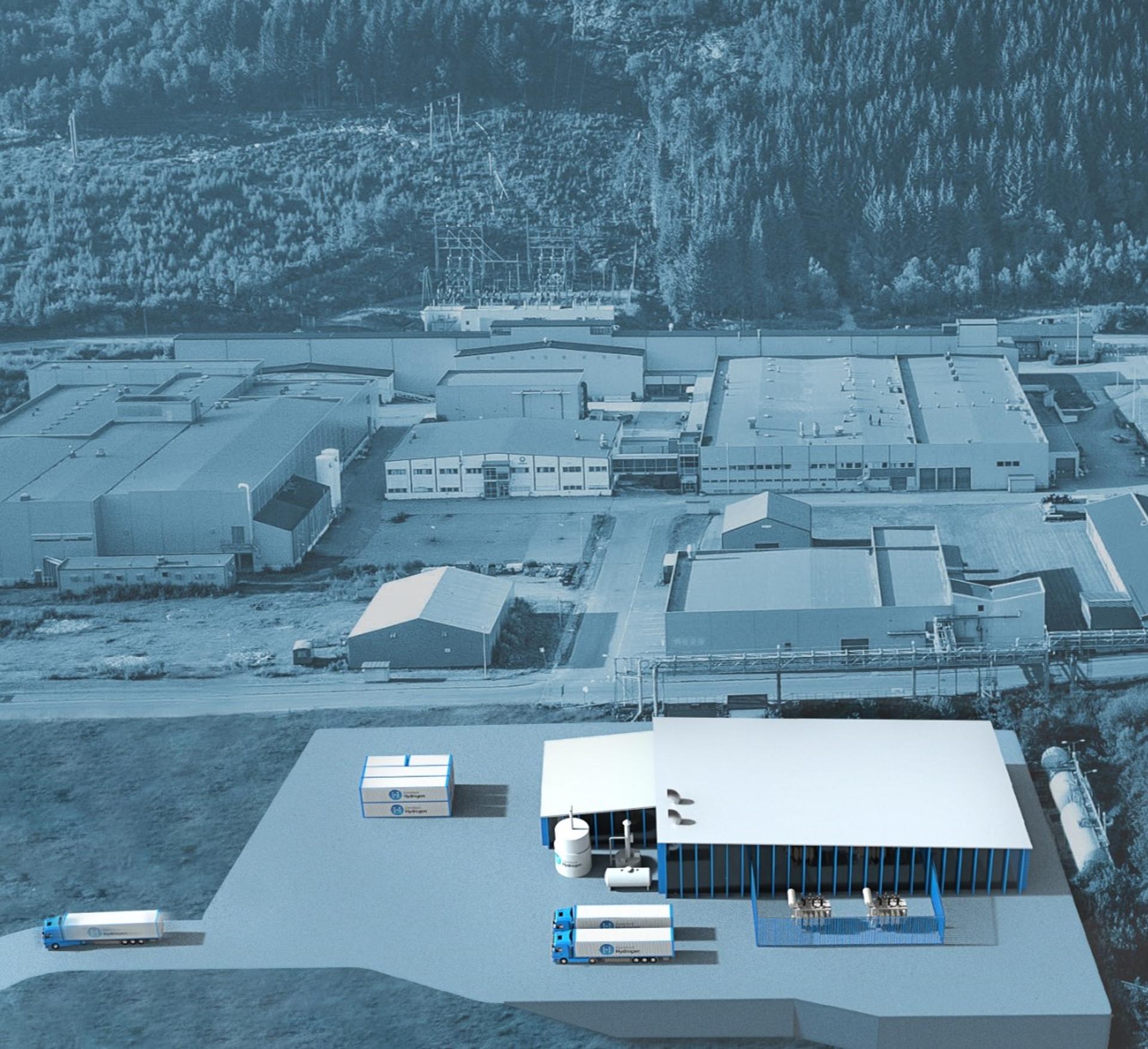 Illustration showing the placement of the new green hydrogen production facility at Glomfjord Industrial Park.