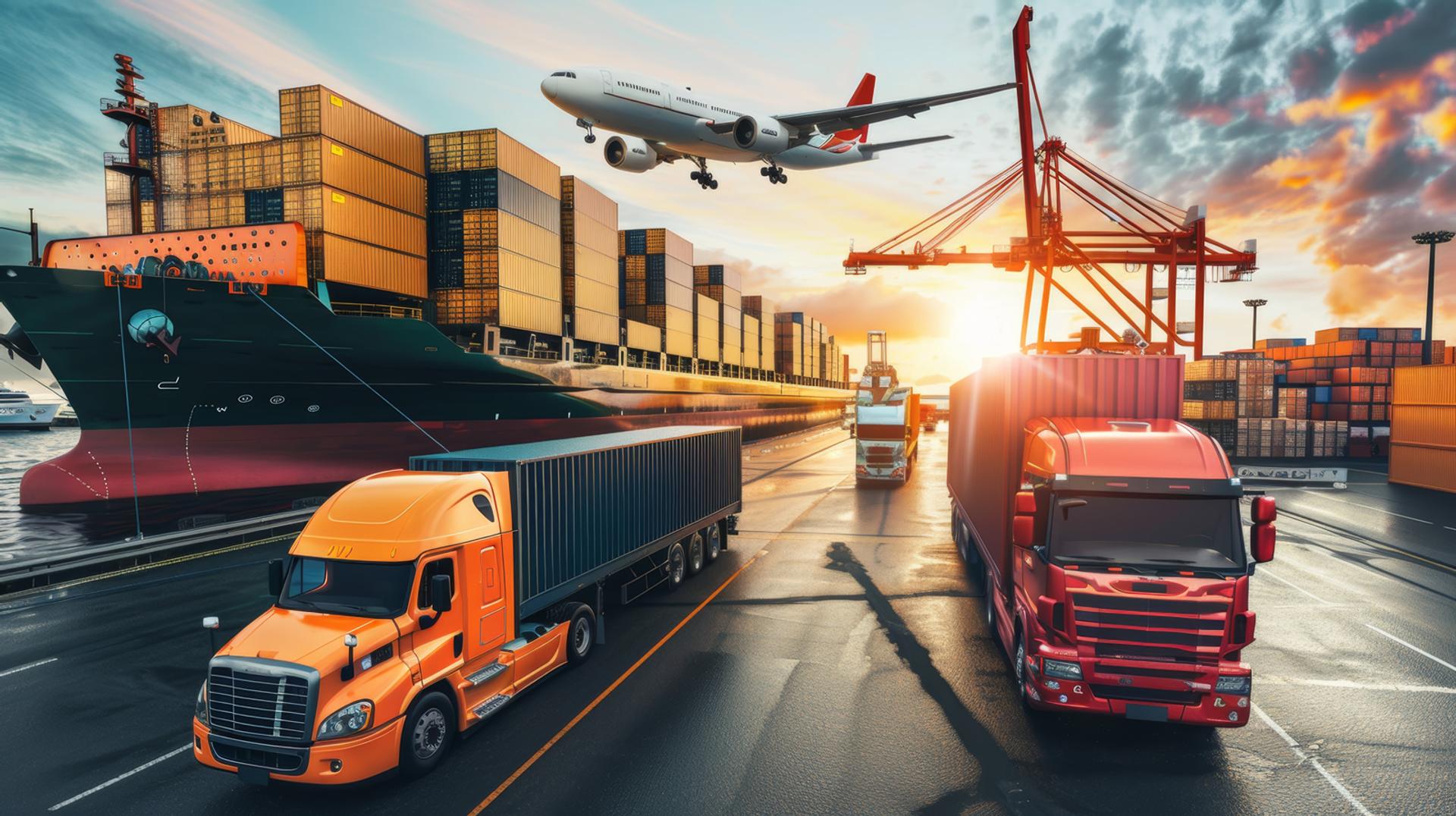 Illustration of logistics with trucks, plane, cranes and container ship