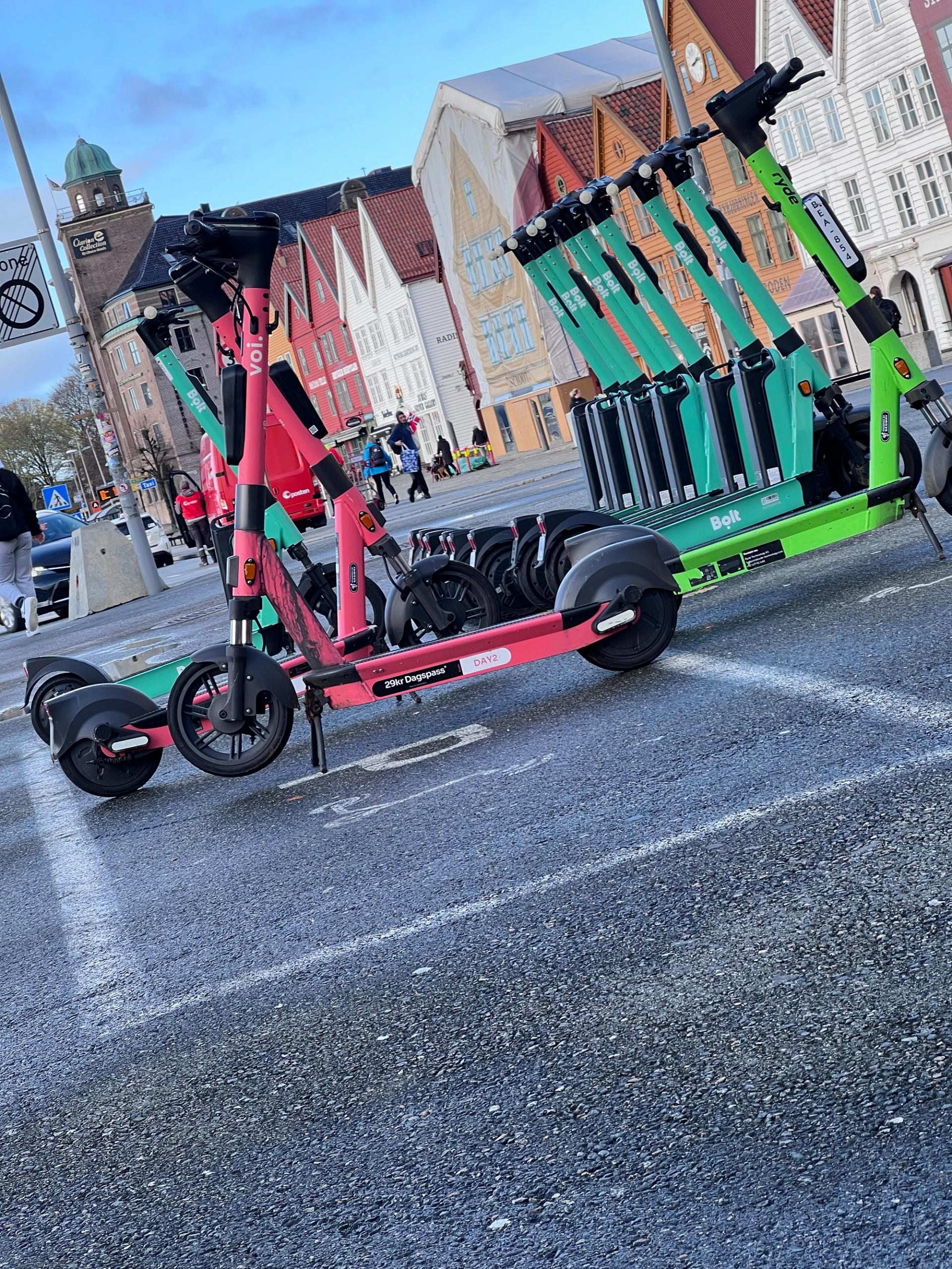 E-scooters parked near Bryggen in Bergen