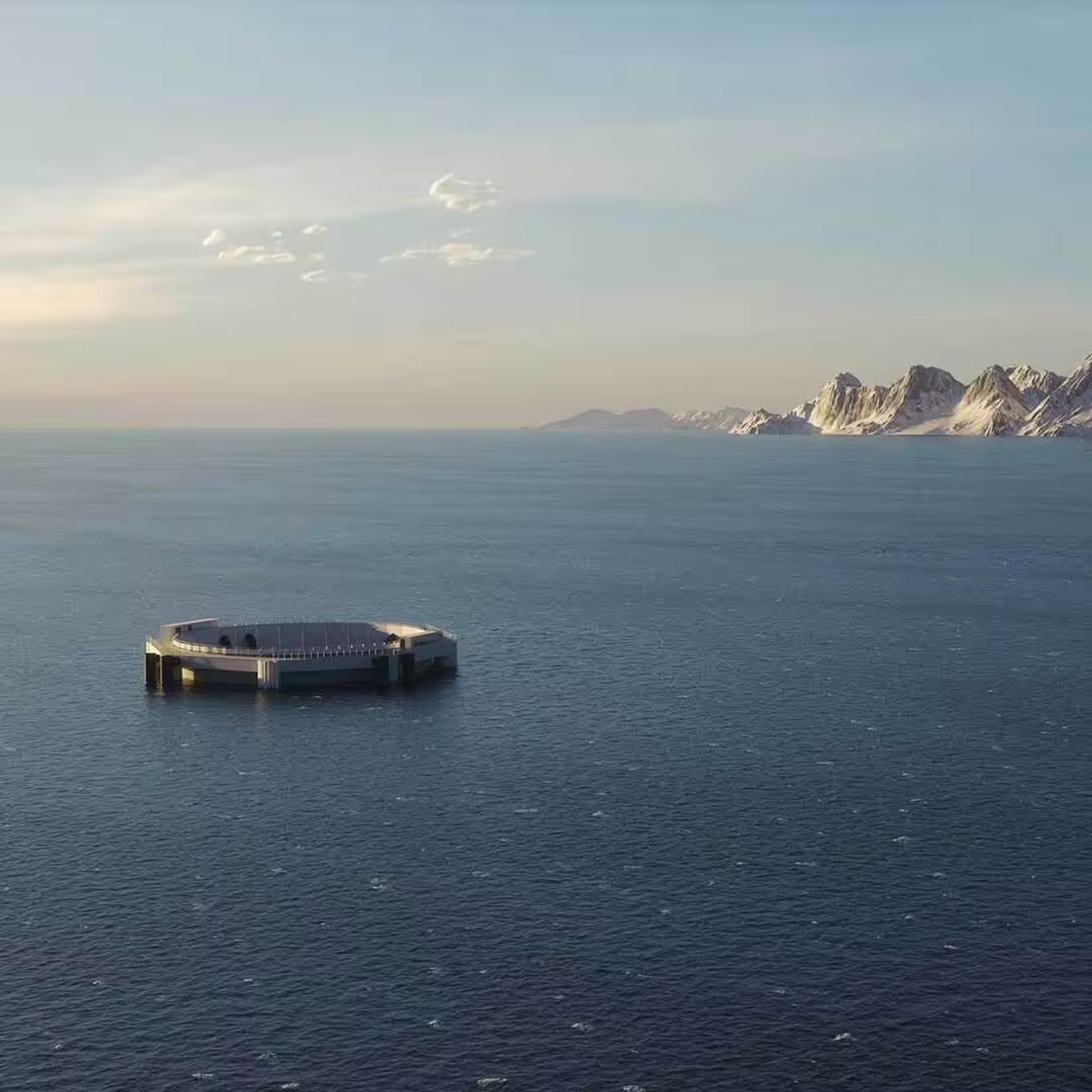 Rendering of a closed aquaculture cage at sea