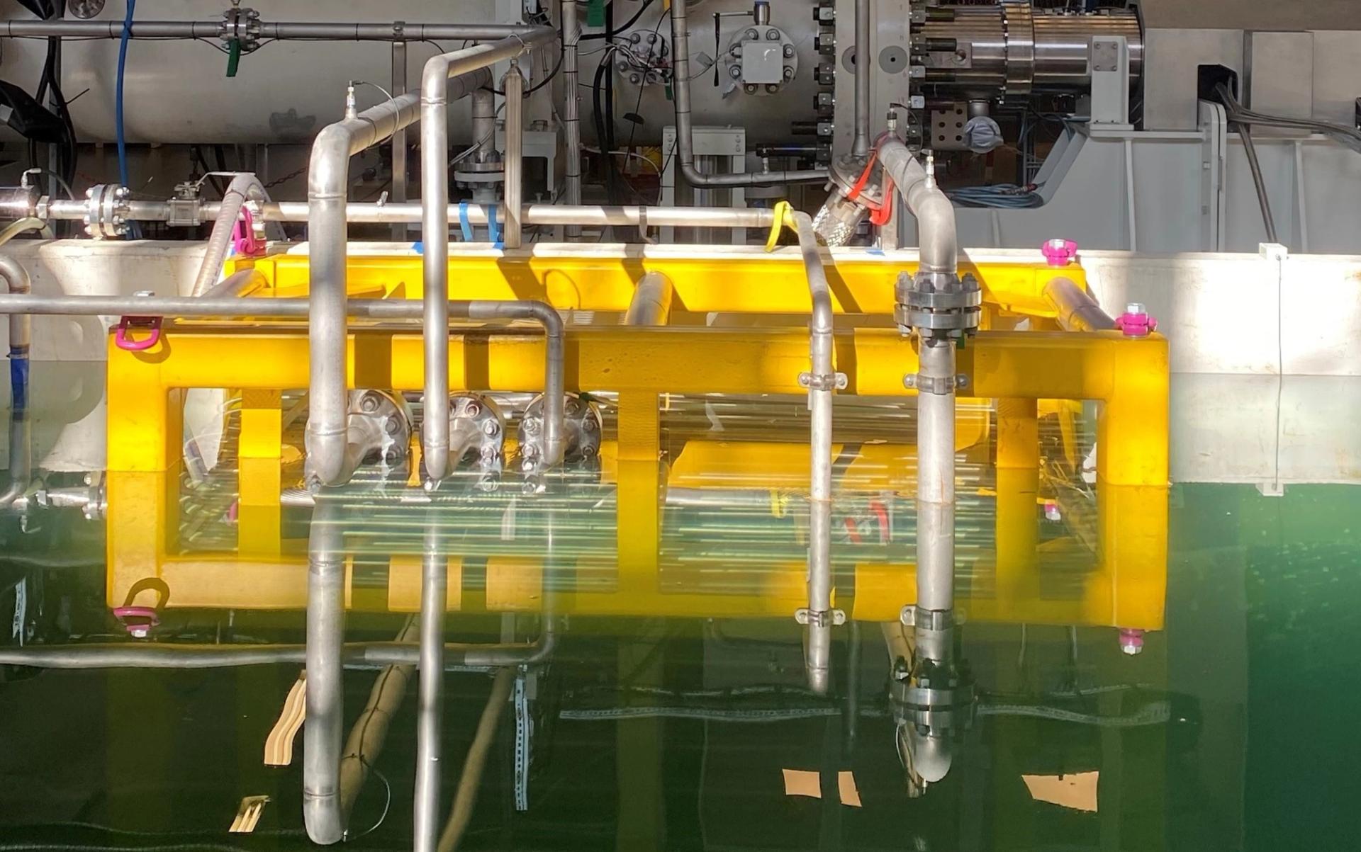 Yellow desalination systems with silver pipes in green seawater