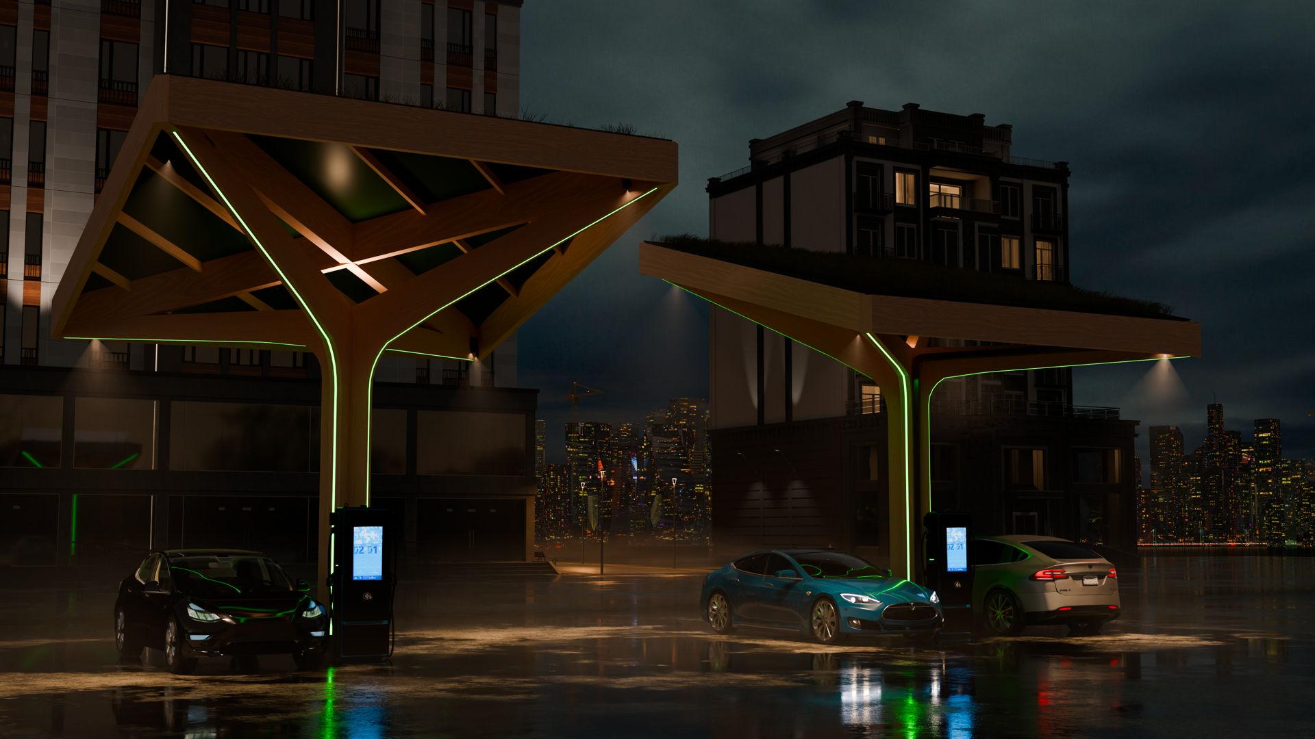 A visualization of Ecogo's charging tree's in the night dark.