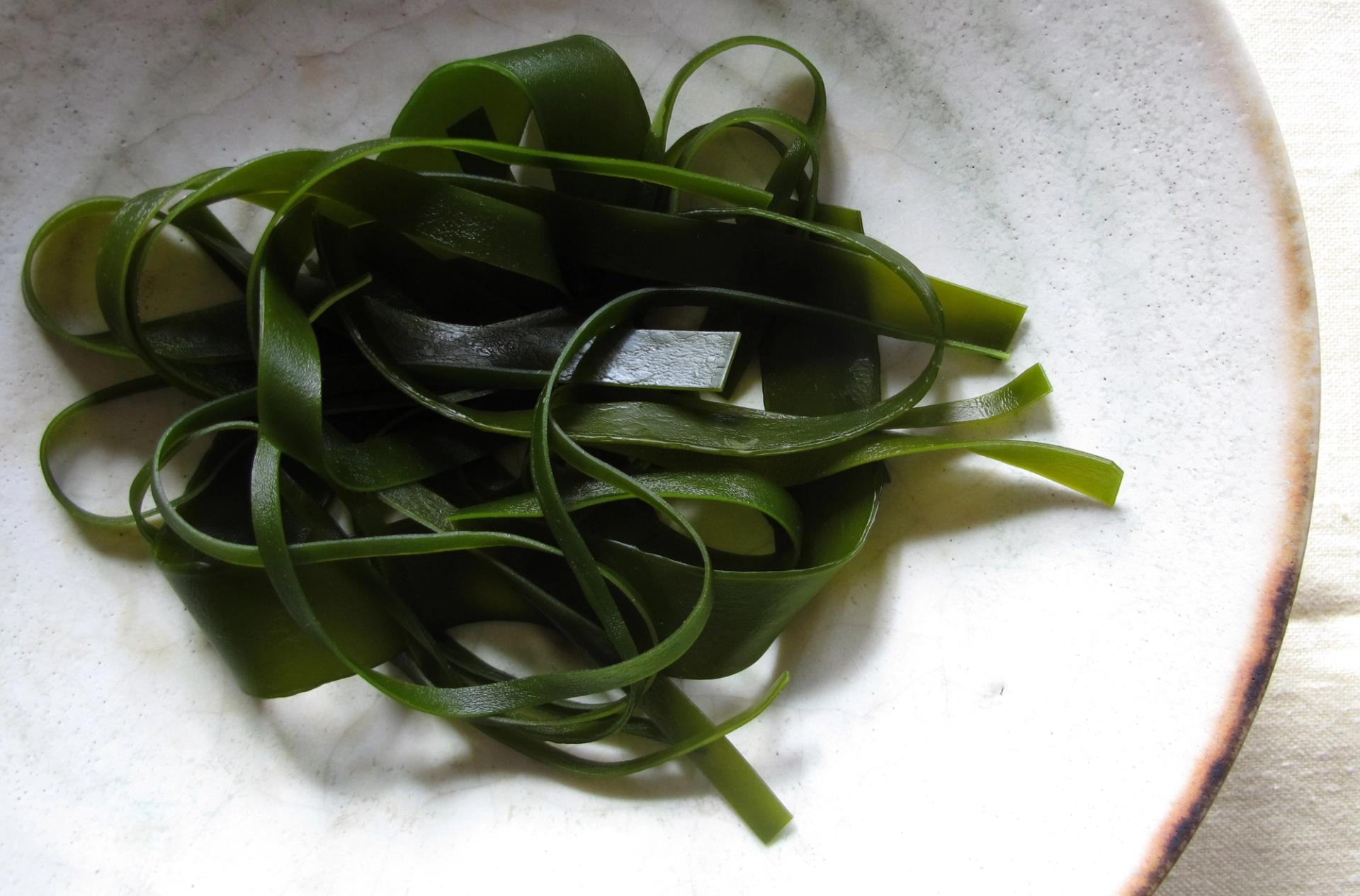 green seaweed spaghetti on a white plate