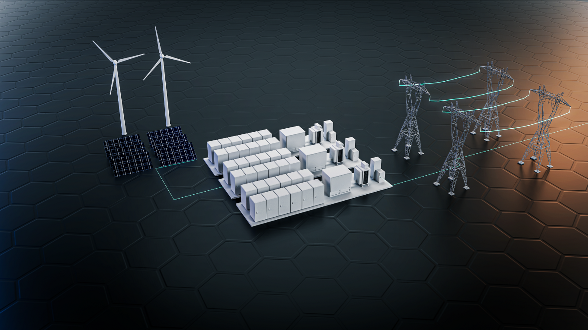 Illustration of battery storage modules with wind turbines and power lines