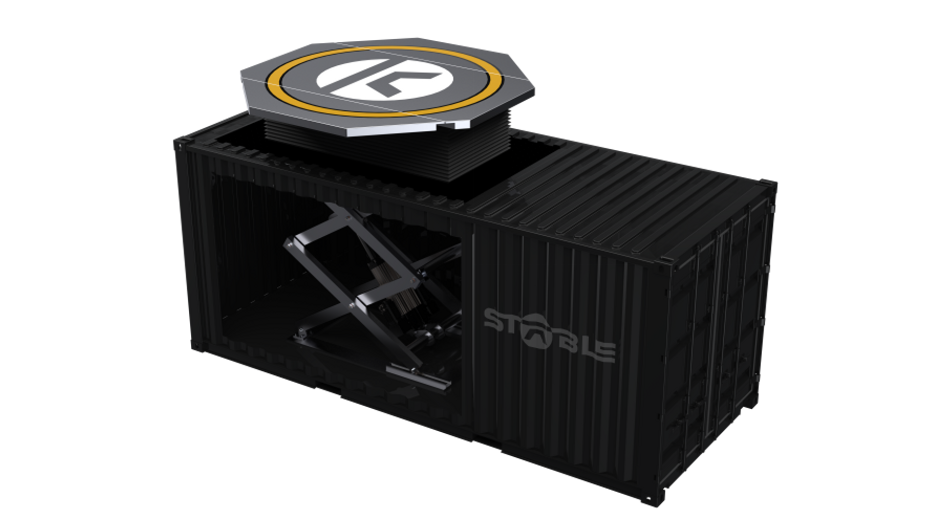 container with a stabilised platform for UAVs and drones 