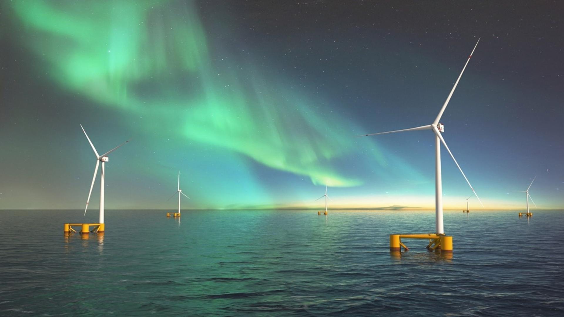 Illustration of floating wind turbines against the Northern Lights