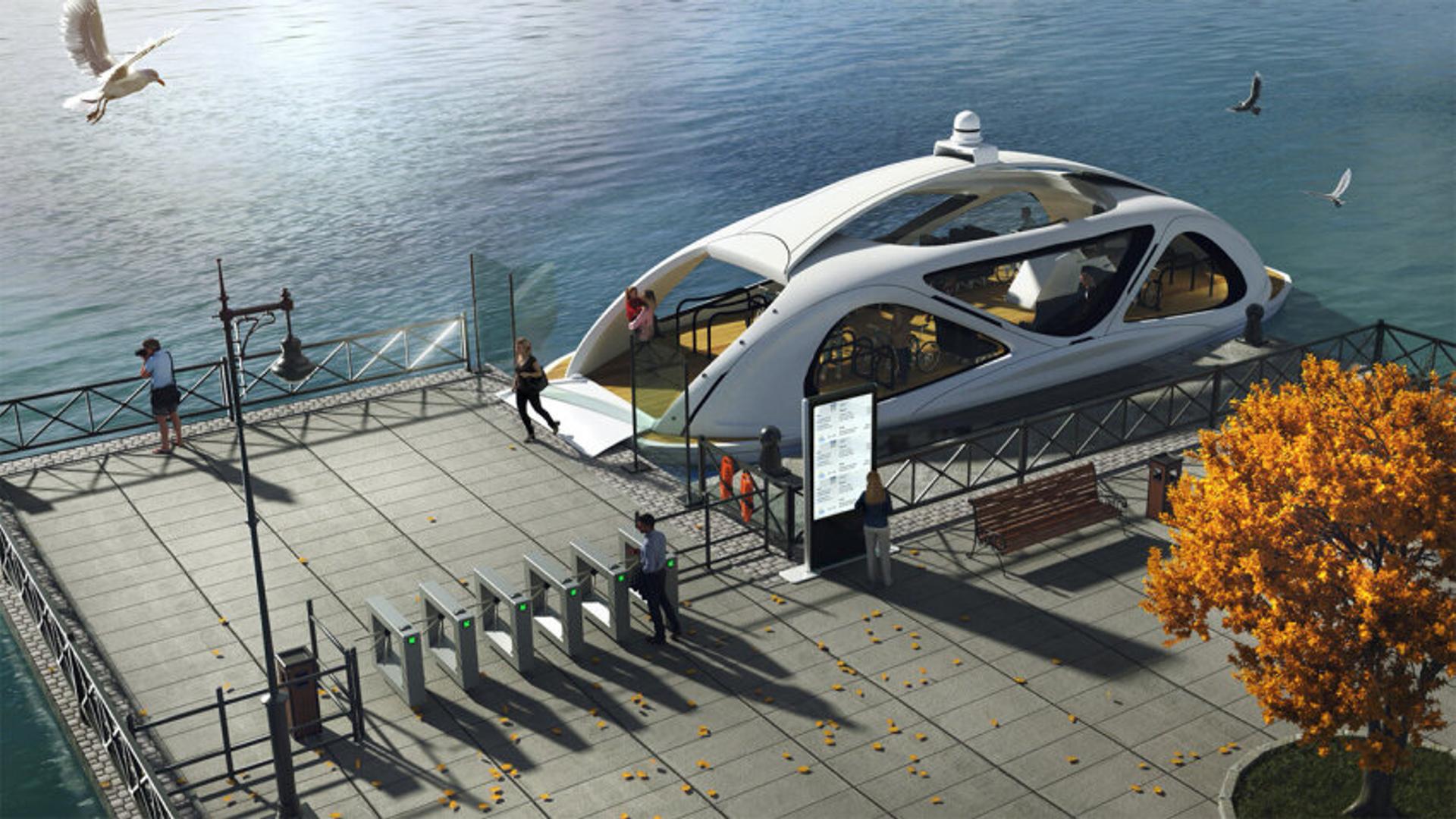 Illustration of an electric and autonomous ferry docking