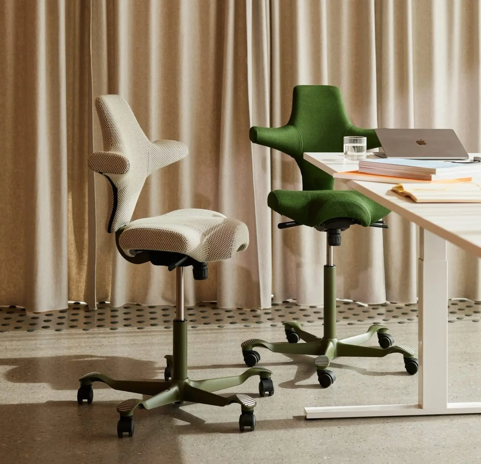 pea green and beige office chairs