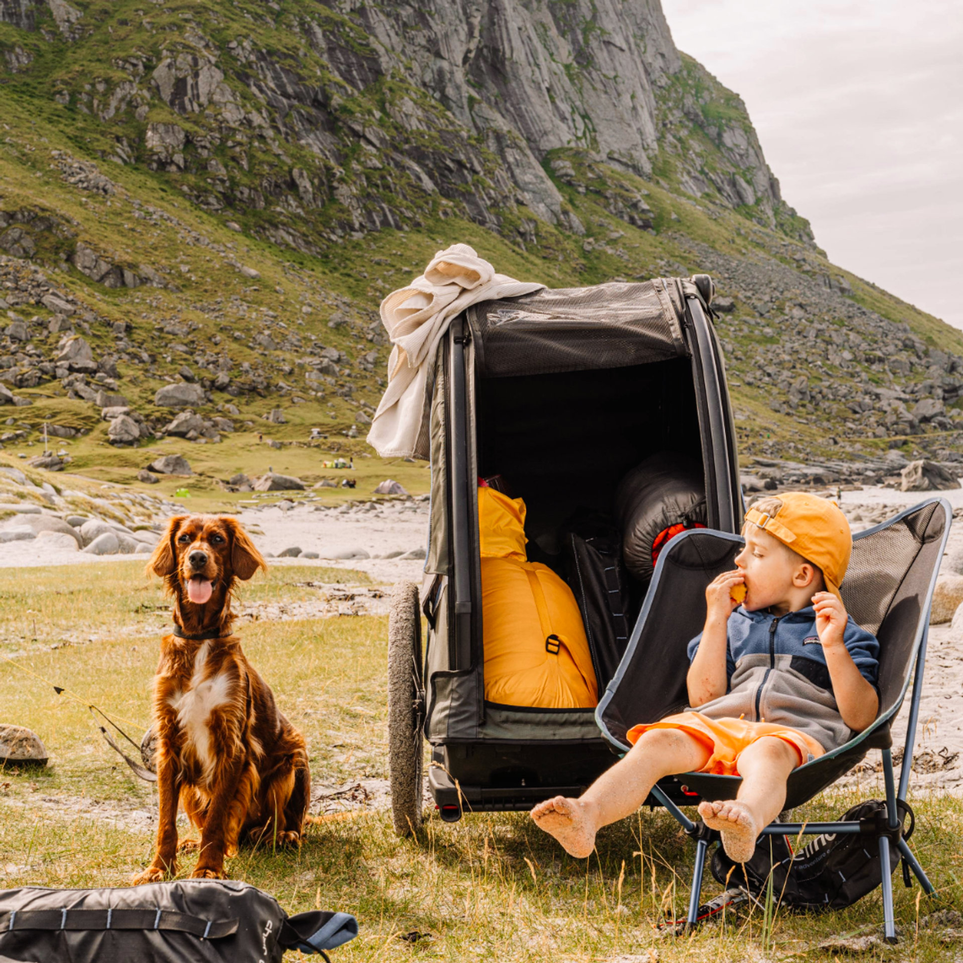Child in a yellow cap and an Irish setter sitting next to a bike trailer near a mountain