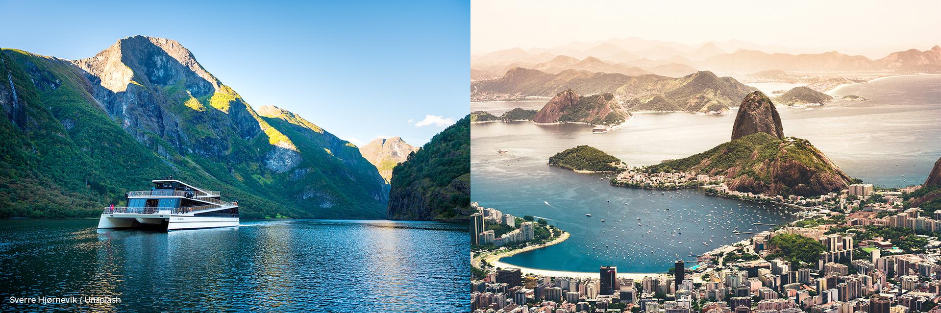 split image of a hydrogen fueled boat in Geirangerfjorden and an aerial photo pf Rio De Janeiro