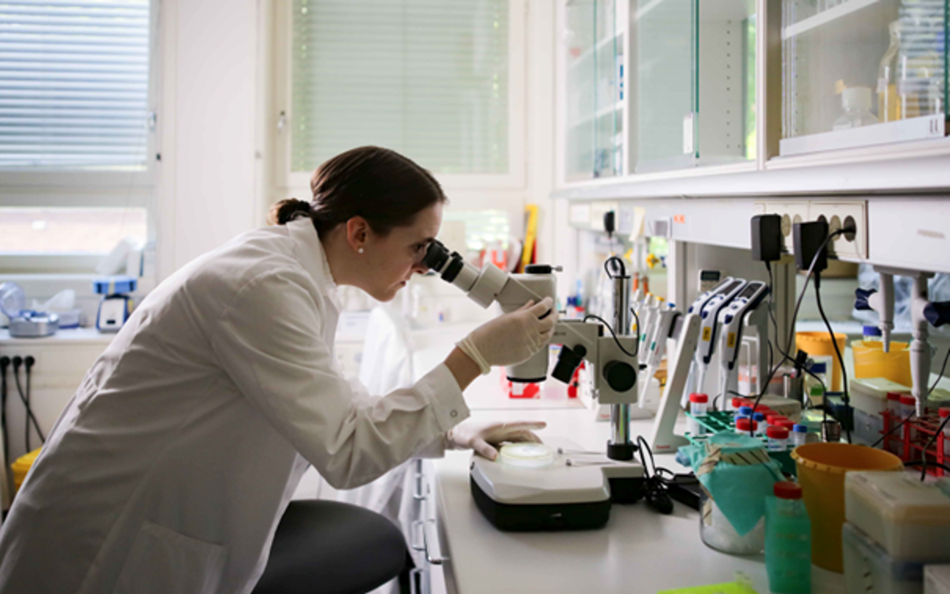 Woman scientist looking into a microscope