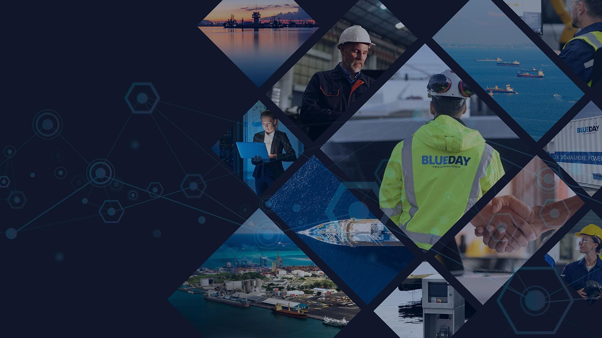 A creative picture of Blueday technology employees and maritime pictures.