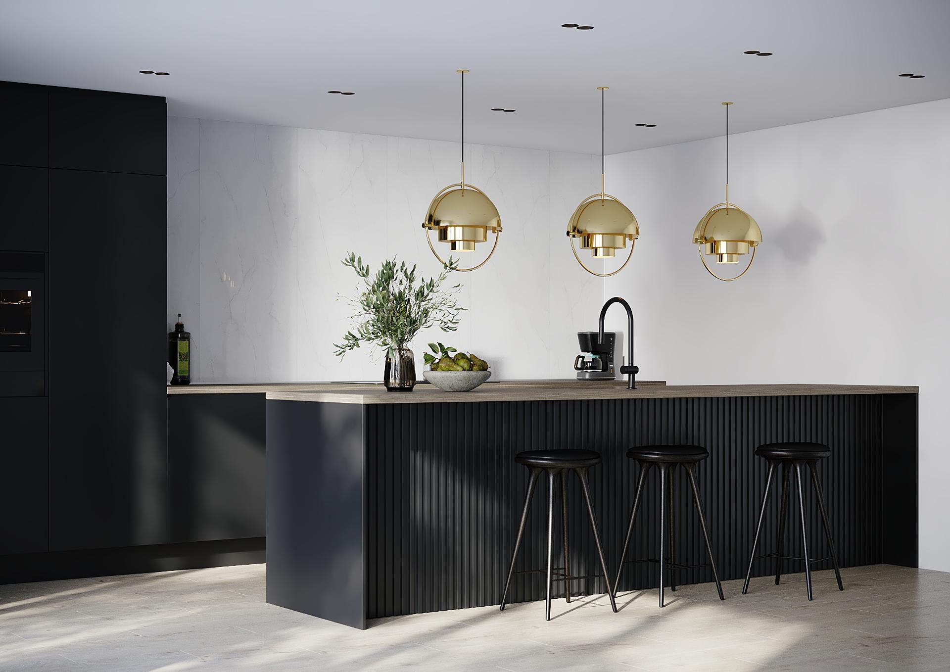 Modern kitchen with white walls, a dark fluted-panel island with three black bar stools, a black tap and three brass pendant lights above.