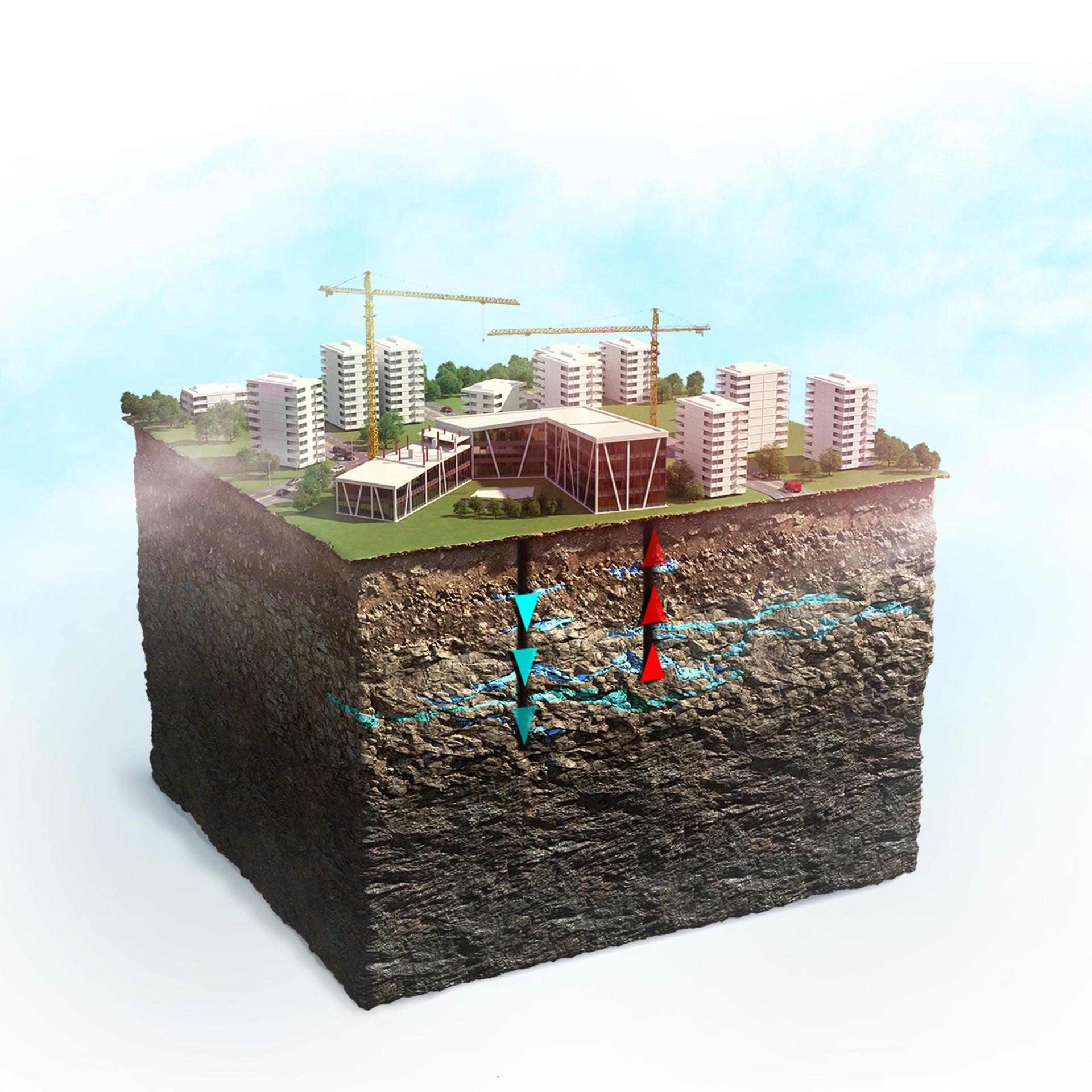 Illustration of underground heating and cooling system for buildings