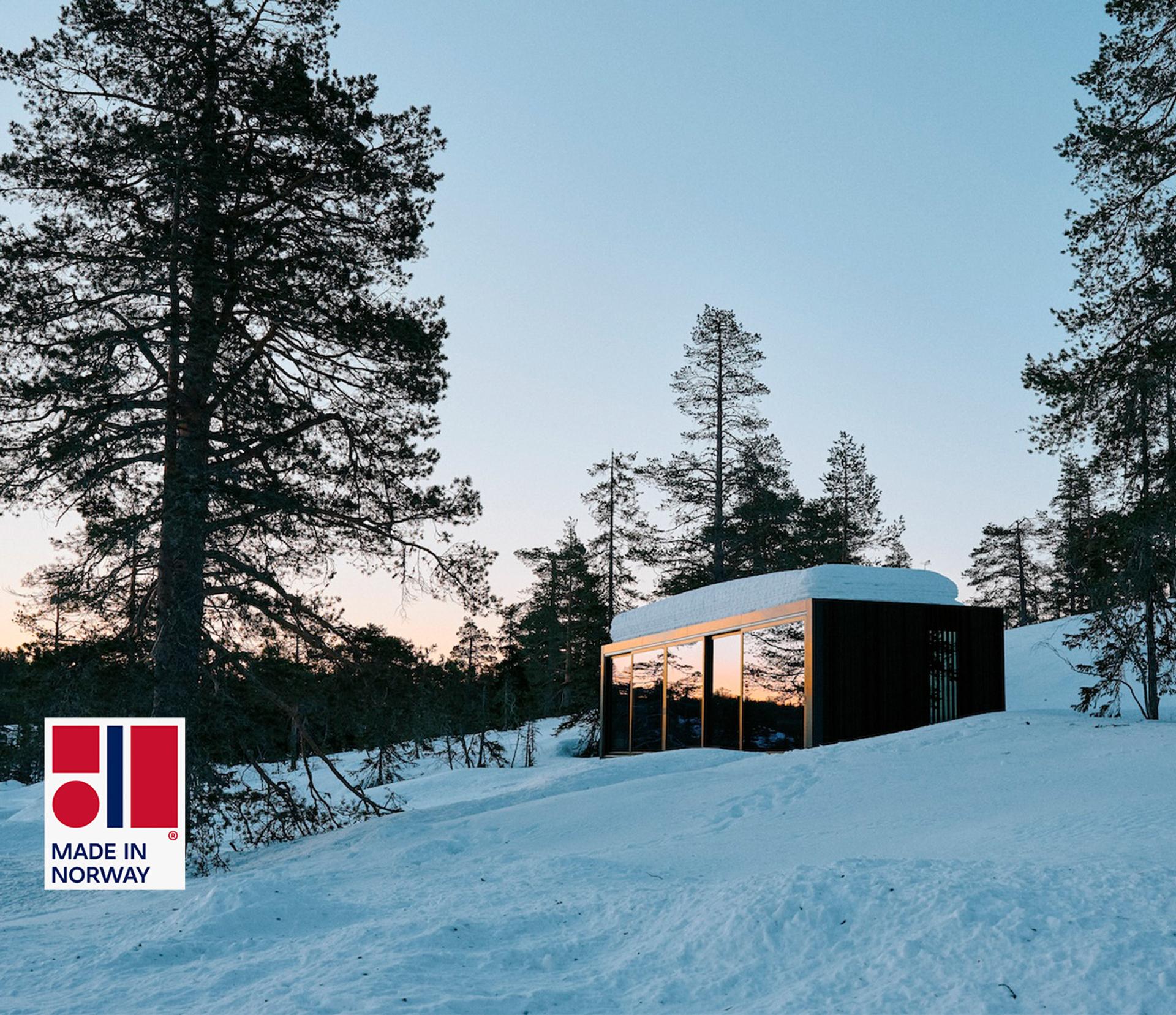 Feature image showing Omgi cabin i snow and landscape with Made in Norway label