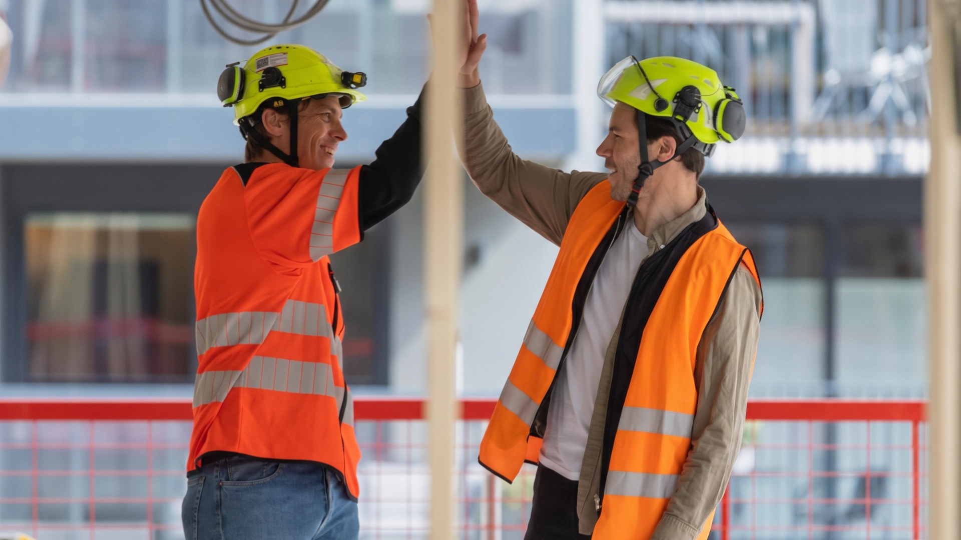 Two men in orange high-visibility vests and yellow hard hats giving each other a high five