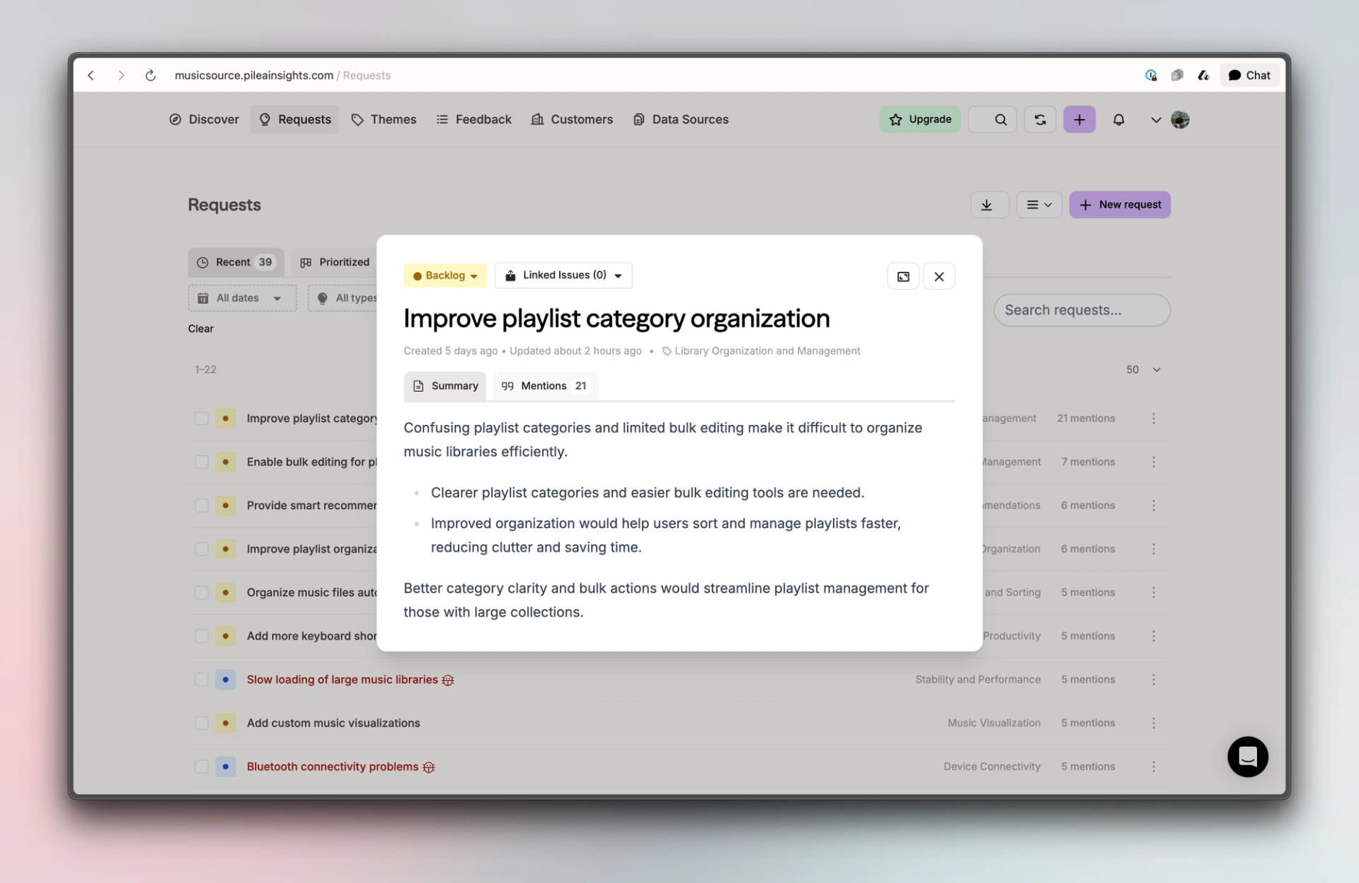Screenshot of Pilea software for using the voice of the customer in product development