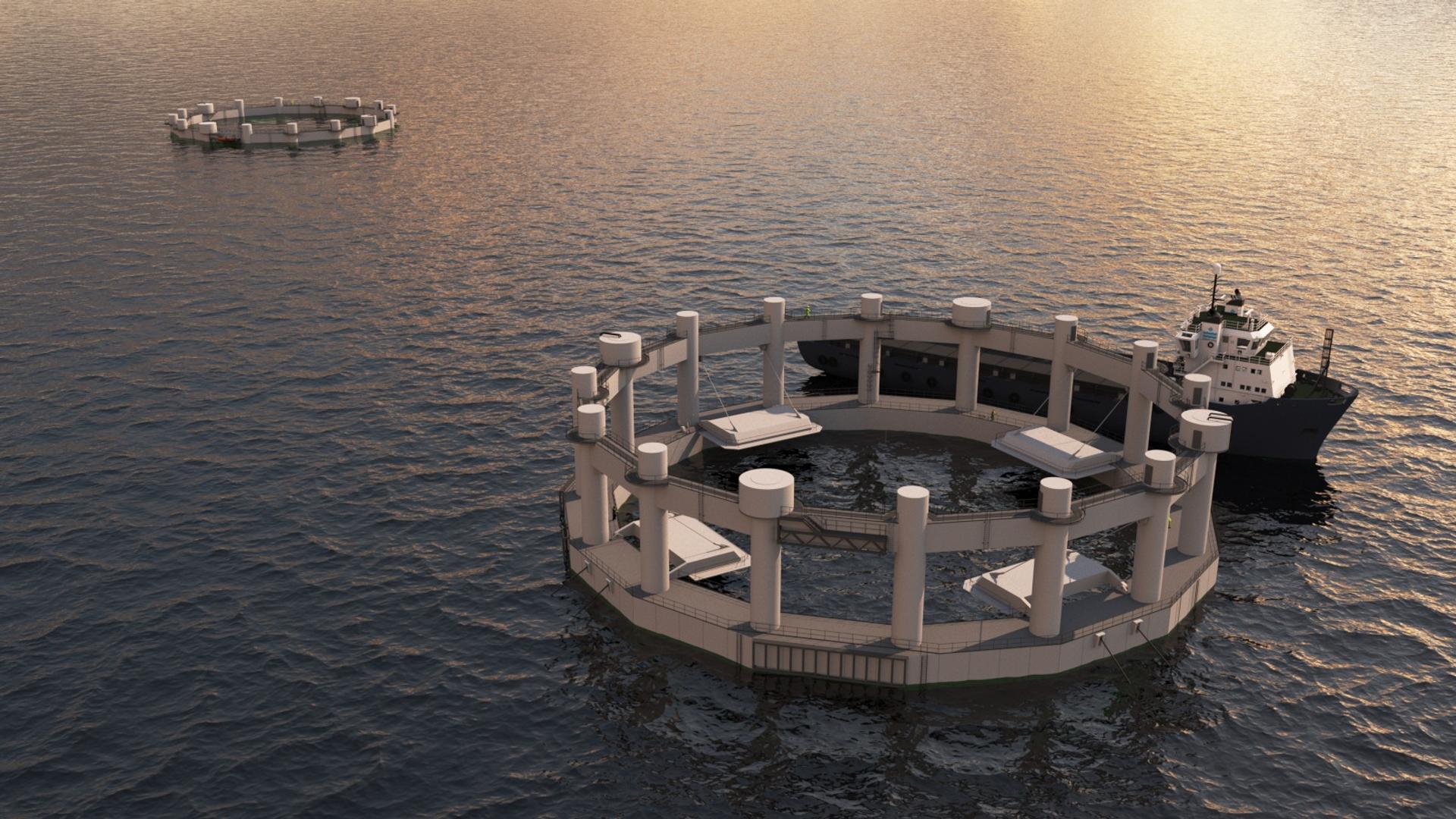 Rendering of a well boat and two open offshore aquaculture cages