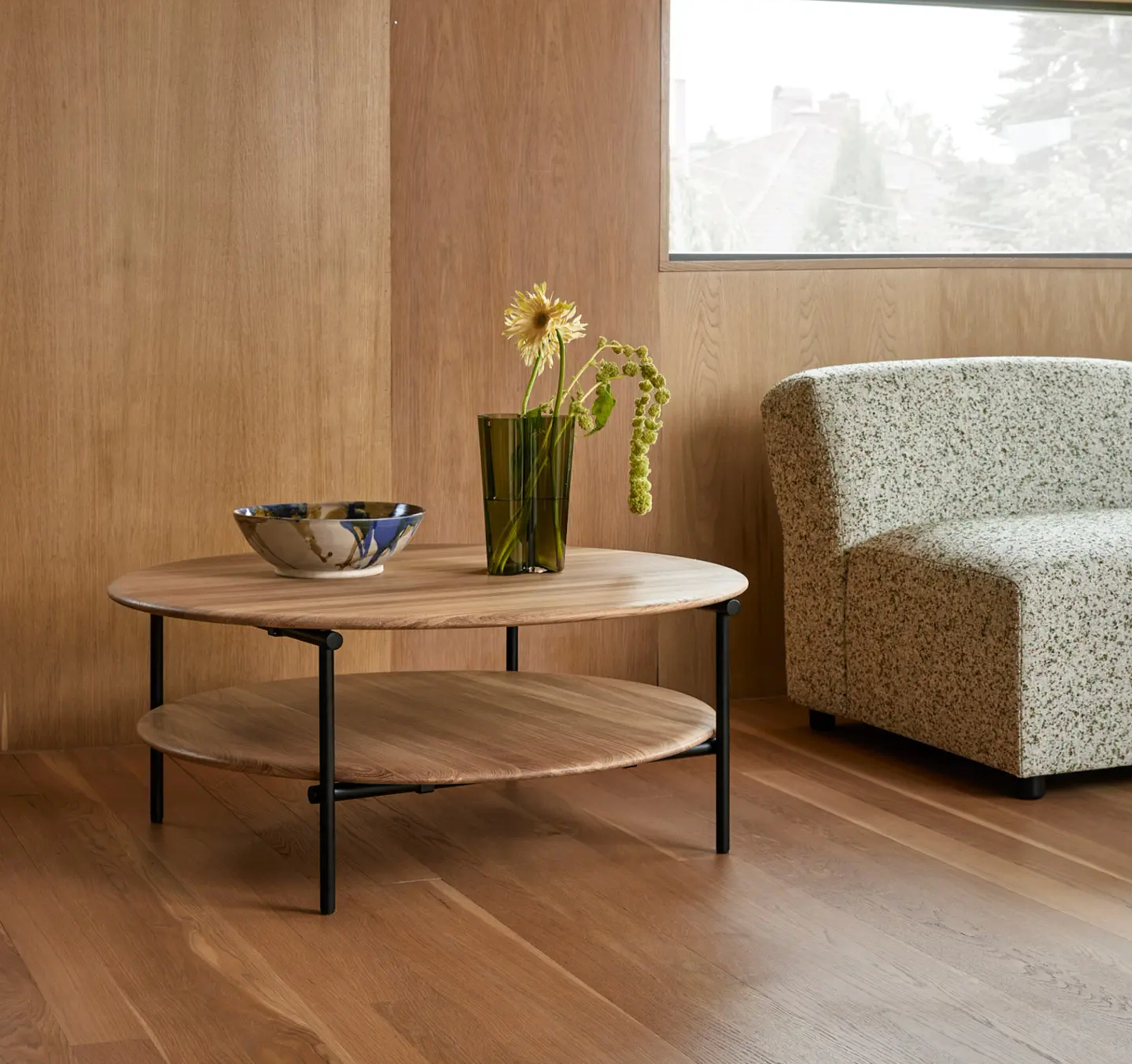 two tiered pale wood coffee table