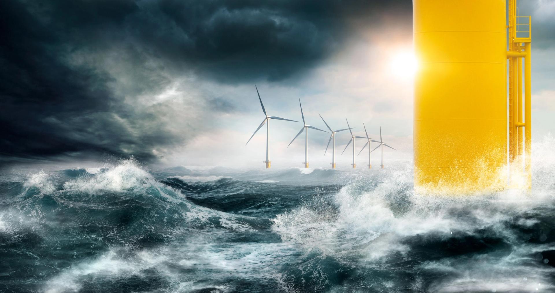illustration of offshore wind turbines in a stormy sea
