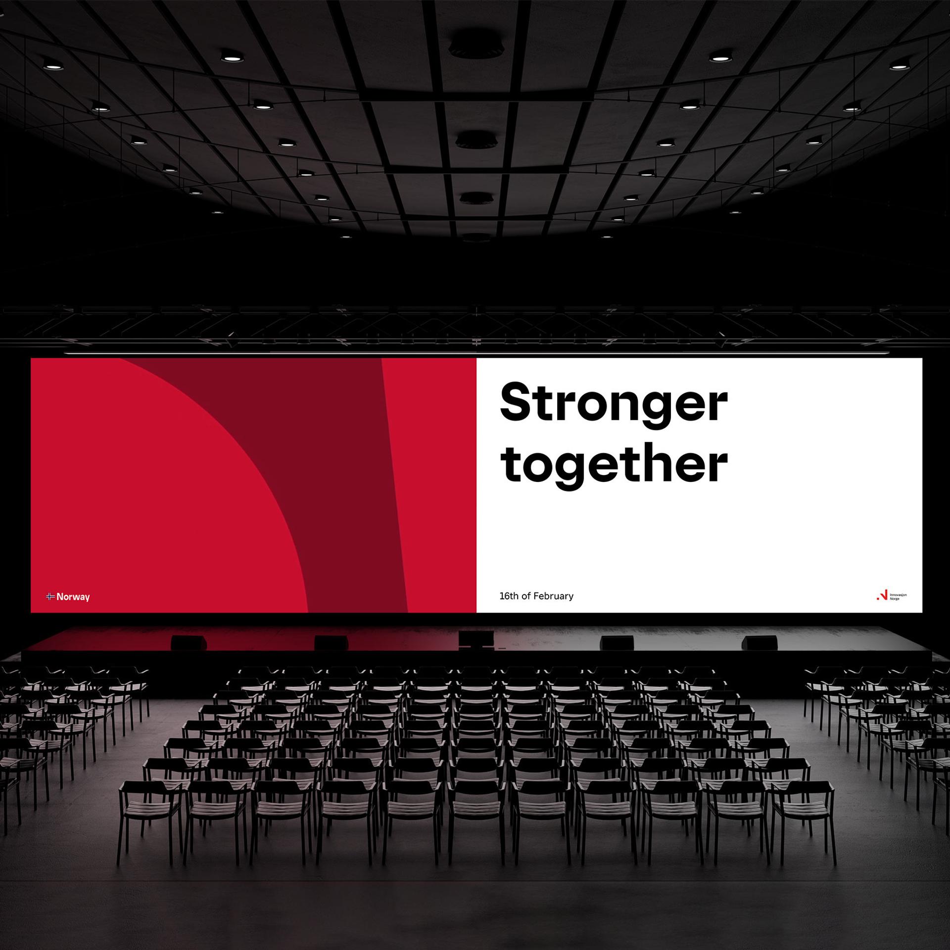 Full-size presentation of Brand Norway elements on a stage