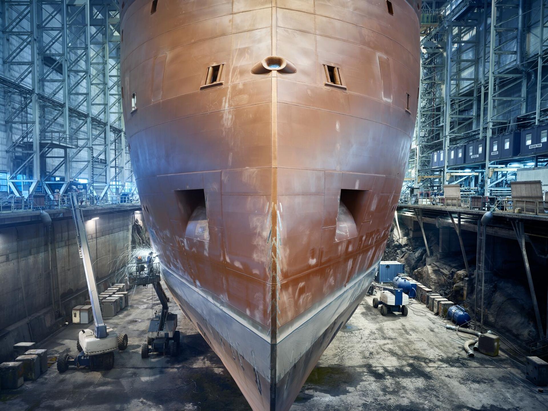 A view of a ship hull being built by Ulstein group in Norway