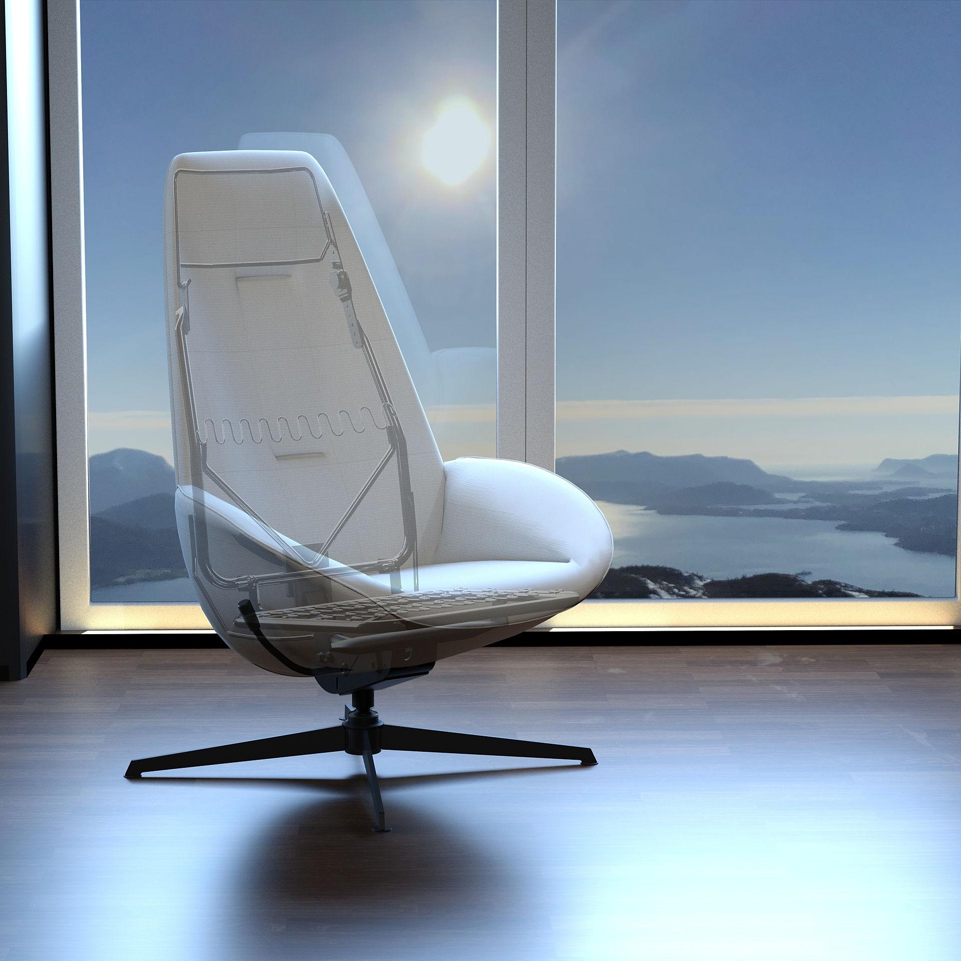 A white chair in a room with a beautiful view.