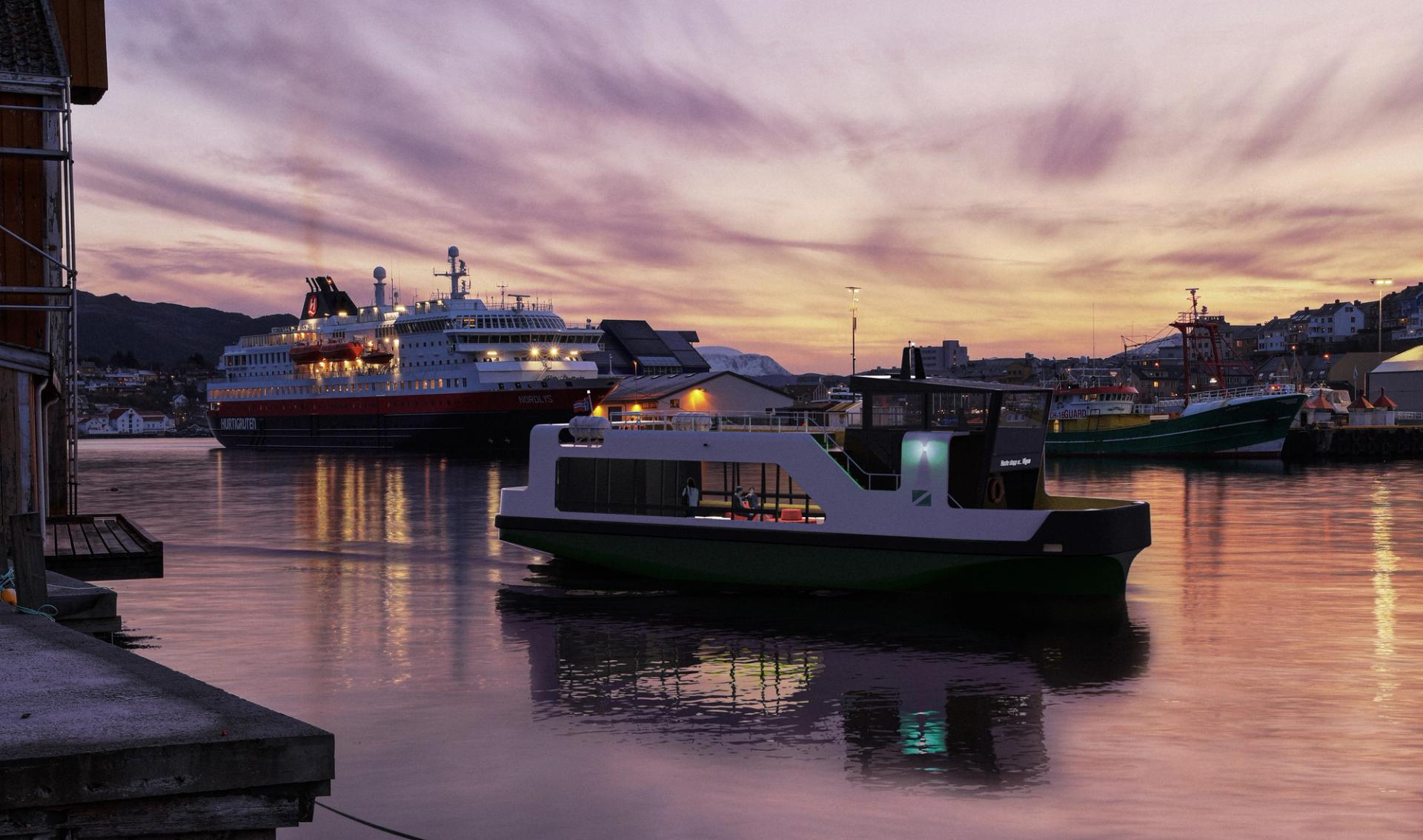 autonomous electric ferrry Sundbåten sailing the harbour at dusk
