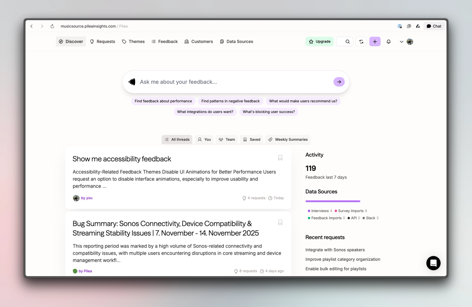 Screenshot of Pilea software for using the voice of the customer in product development