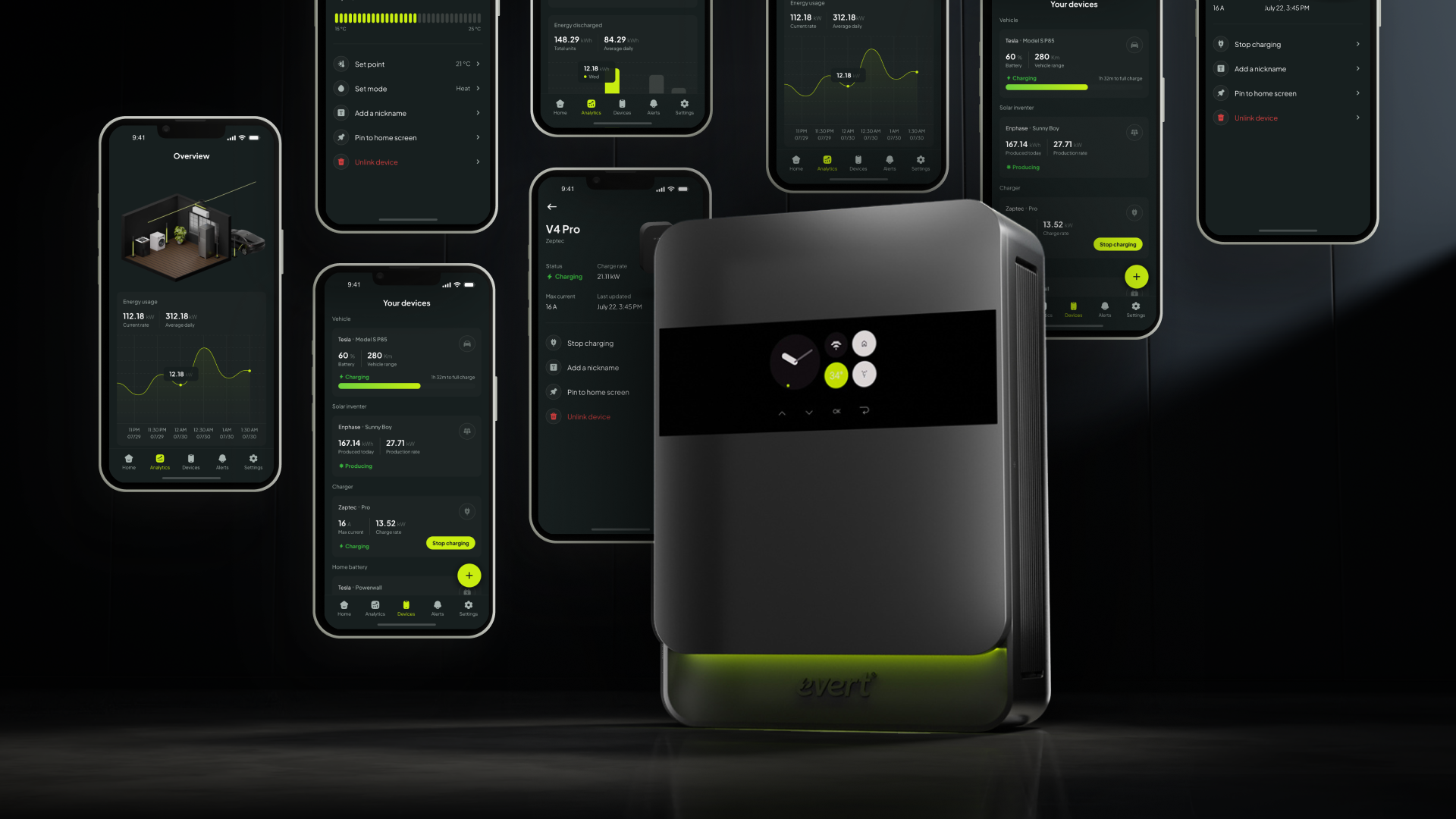 black EV charger wallbox with screenshots of apps