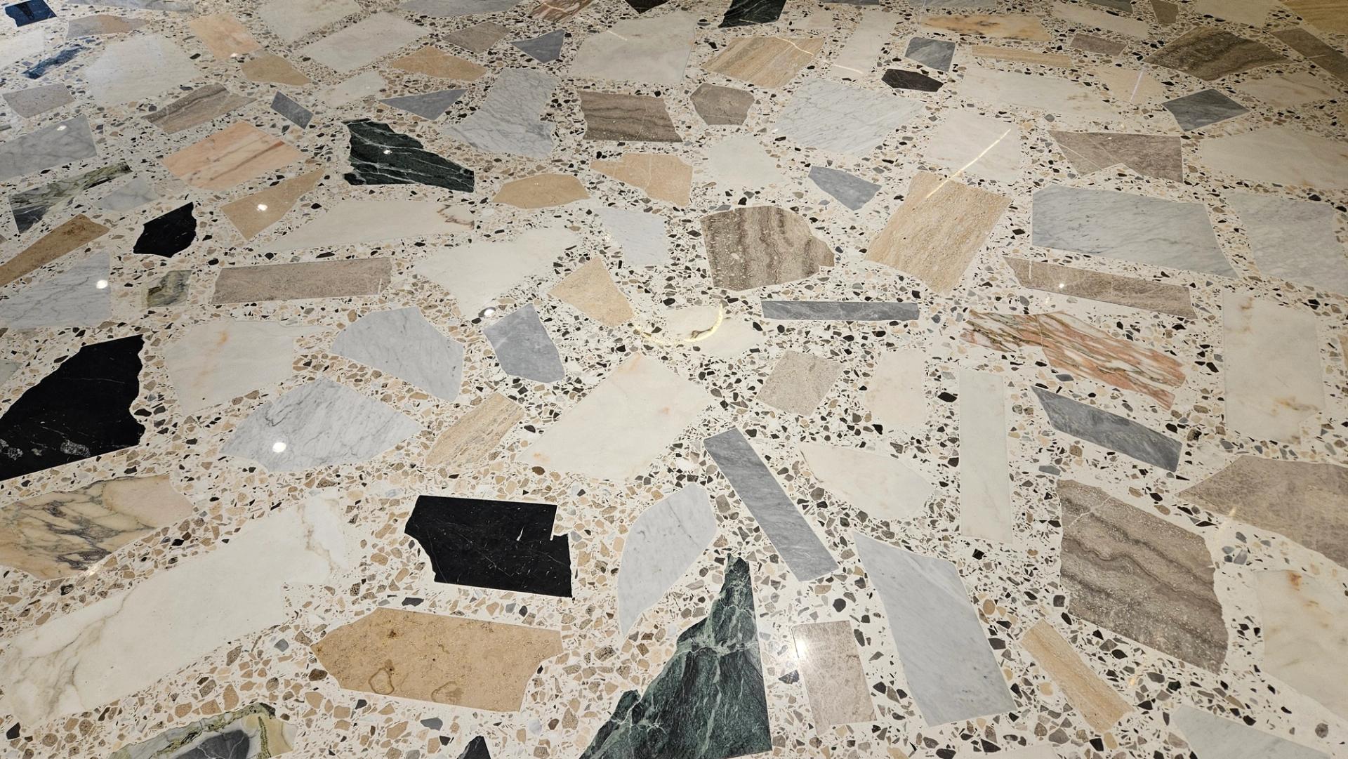 Terrazzo flooring made from discarded building materials