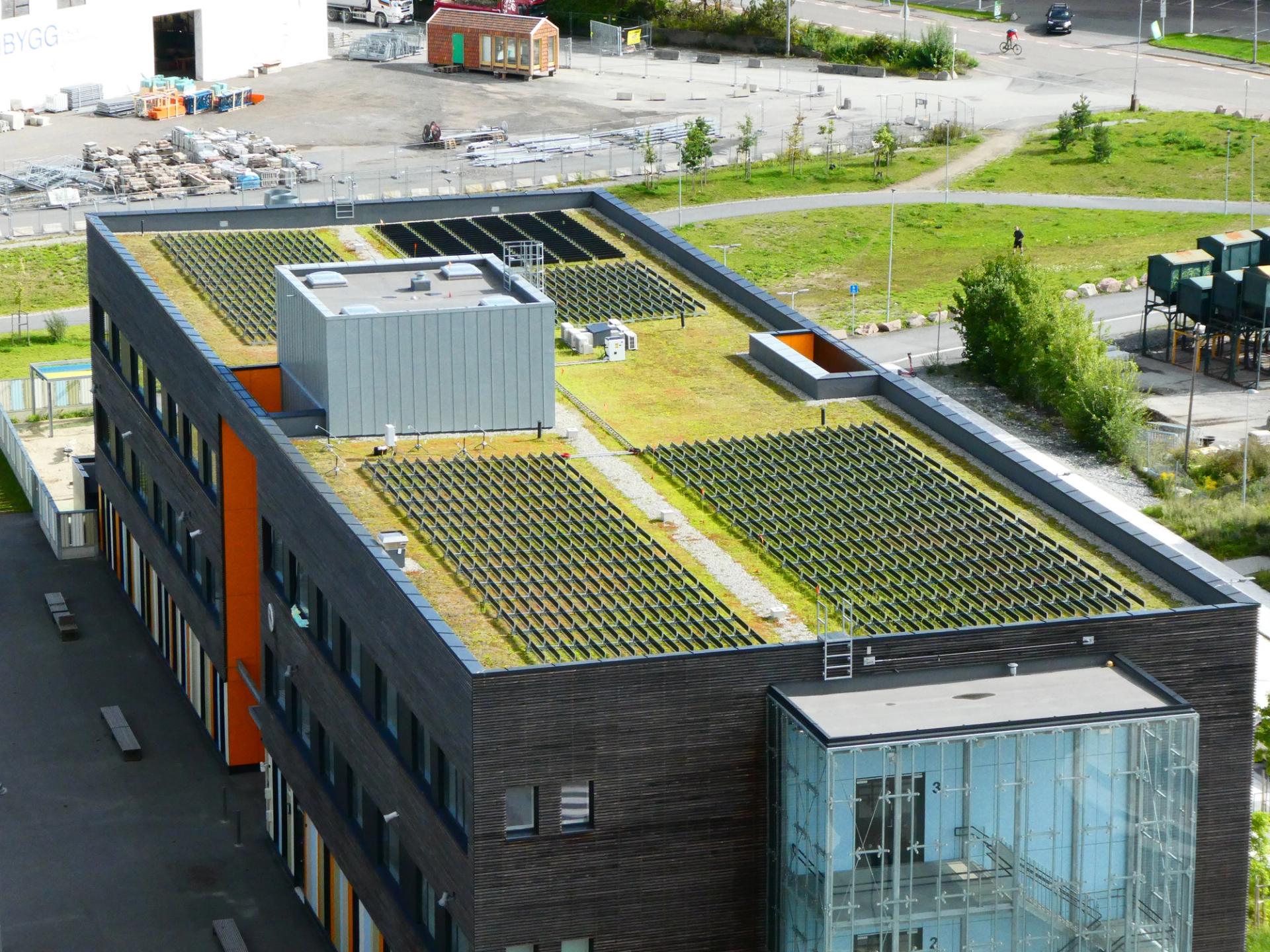 Building with flat roof covered by grass and solar panels