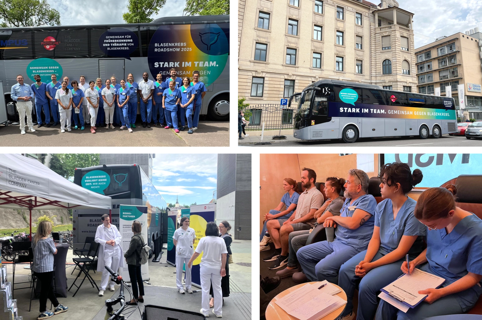 Collage of a bladder cancer roadshow in a big bus in Germany