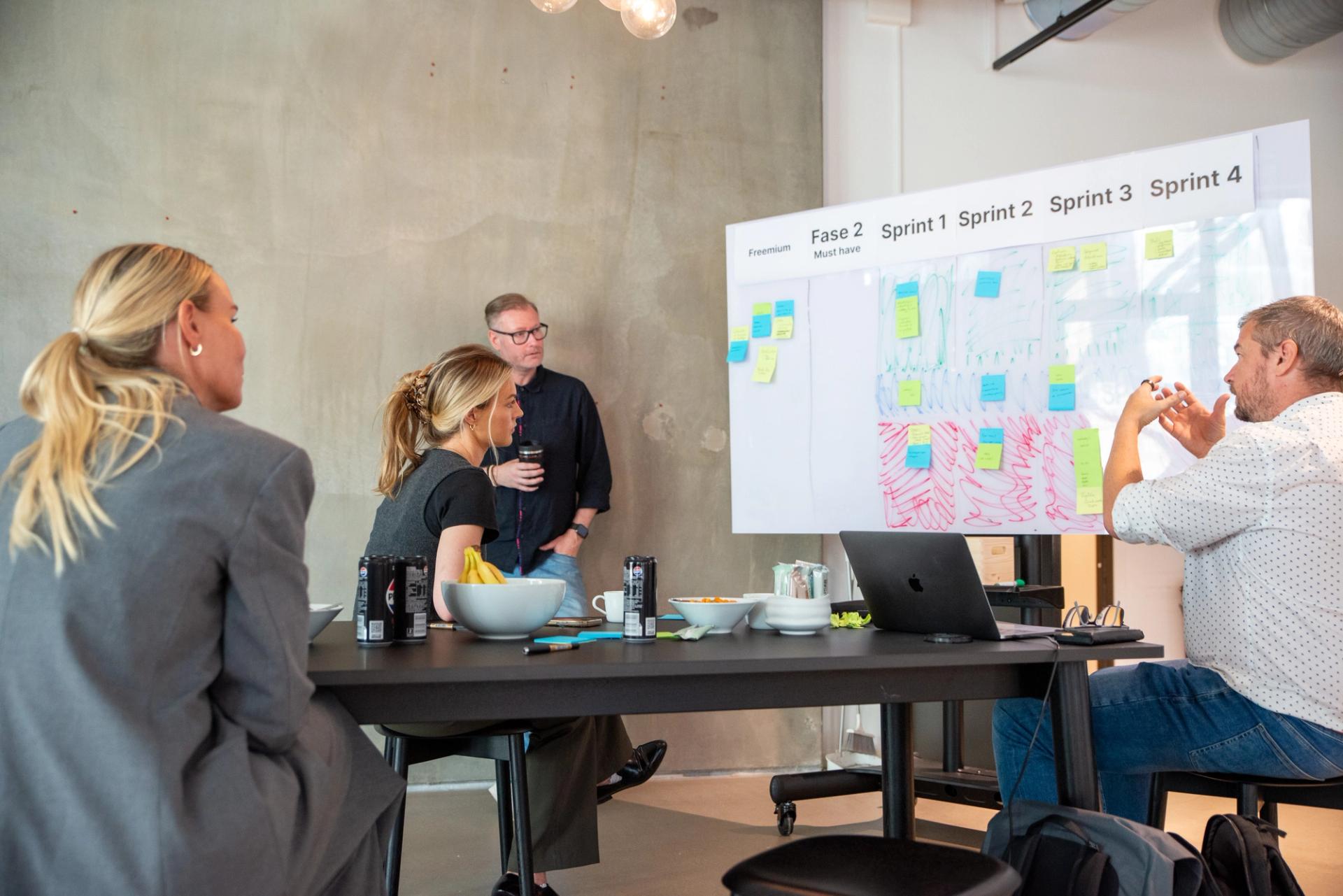 Bloomlet employees looking at a board with notes