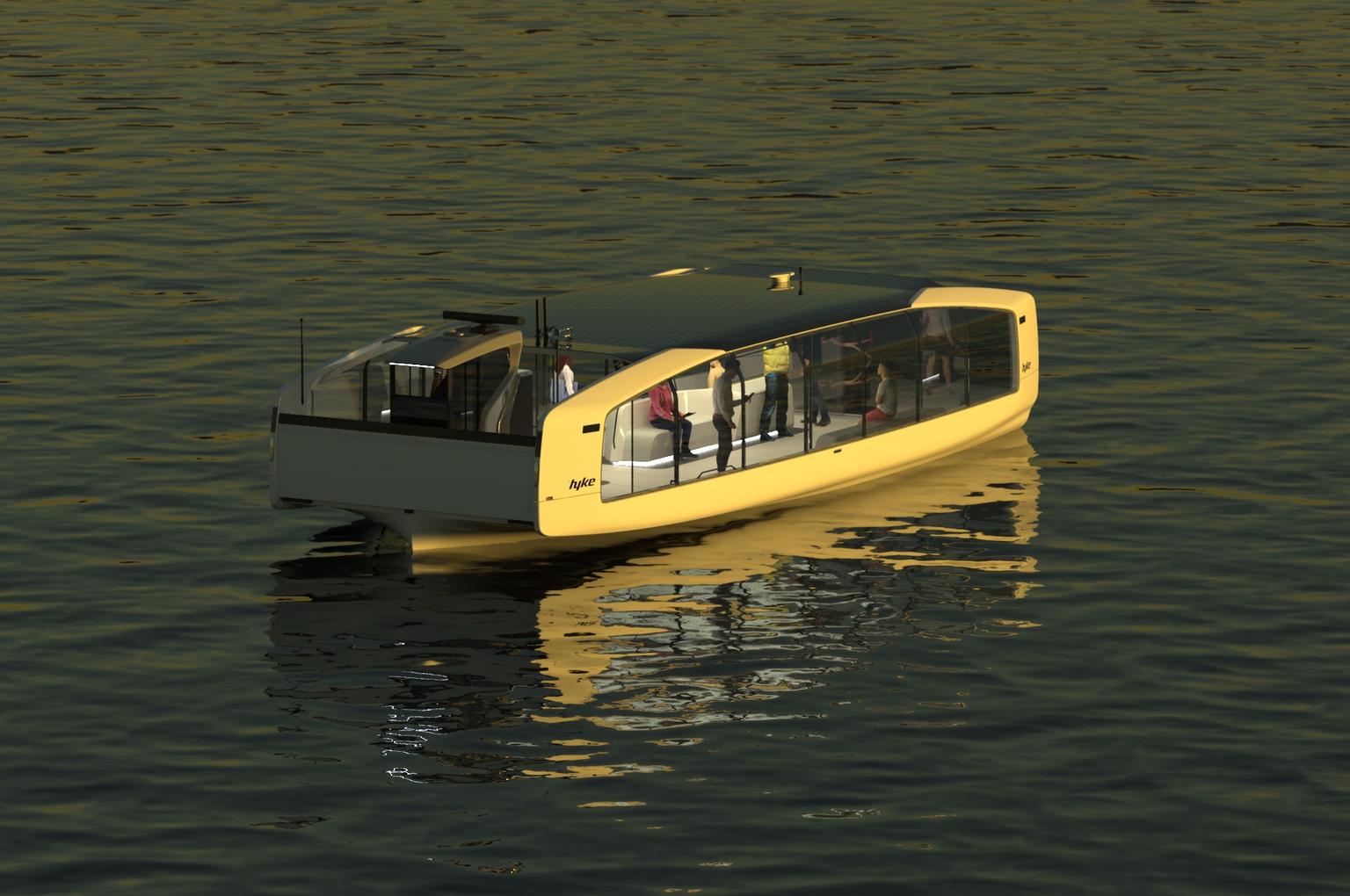 A yellow electric ferry