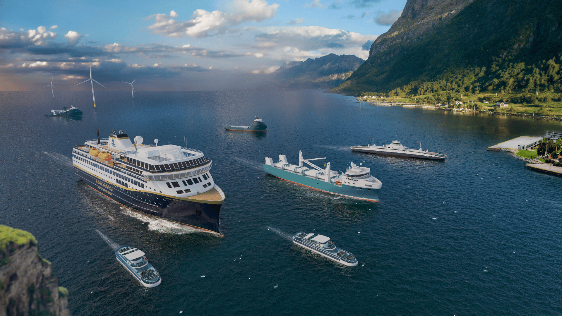 Various types of ships floating sailing in Norwegian waters