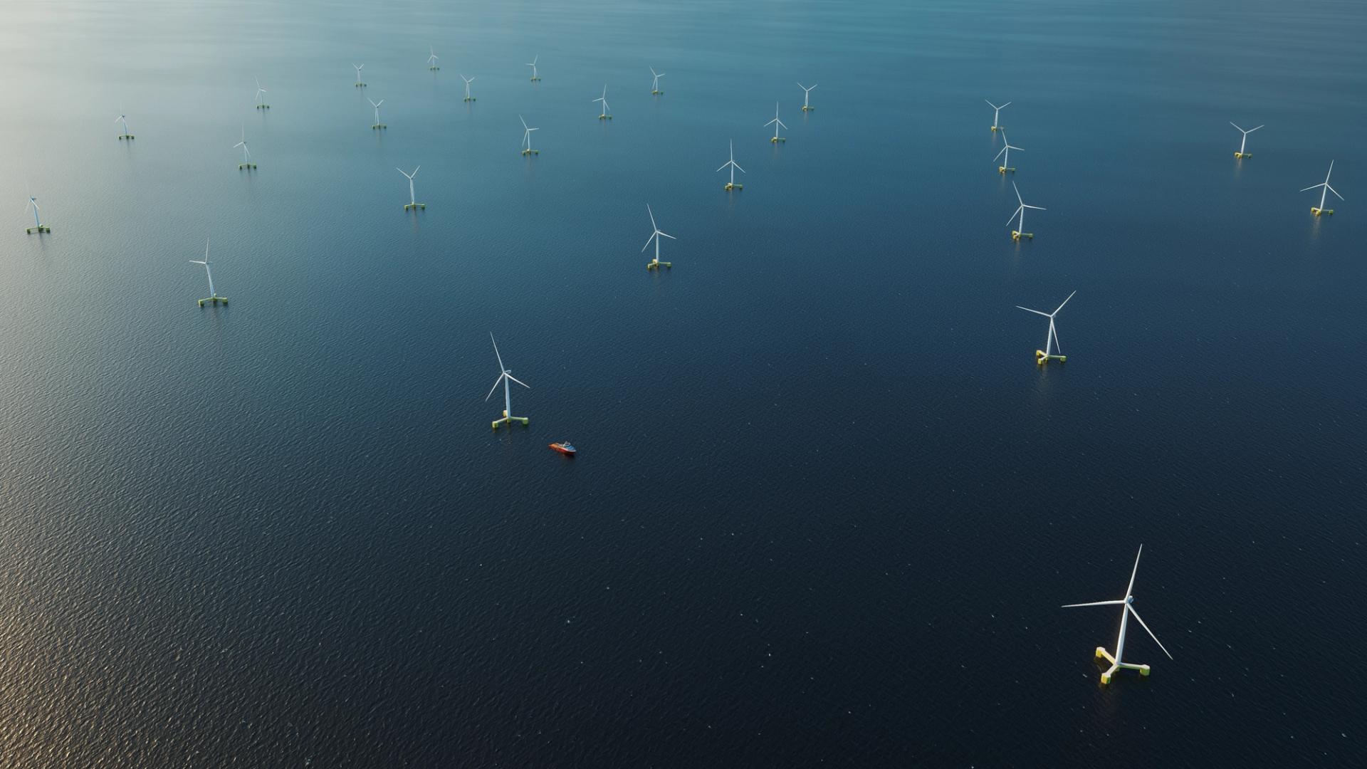aerial view of many floating wind turbines