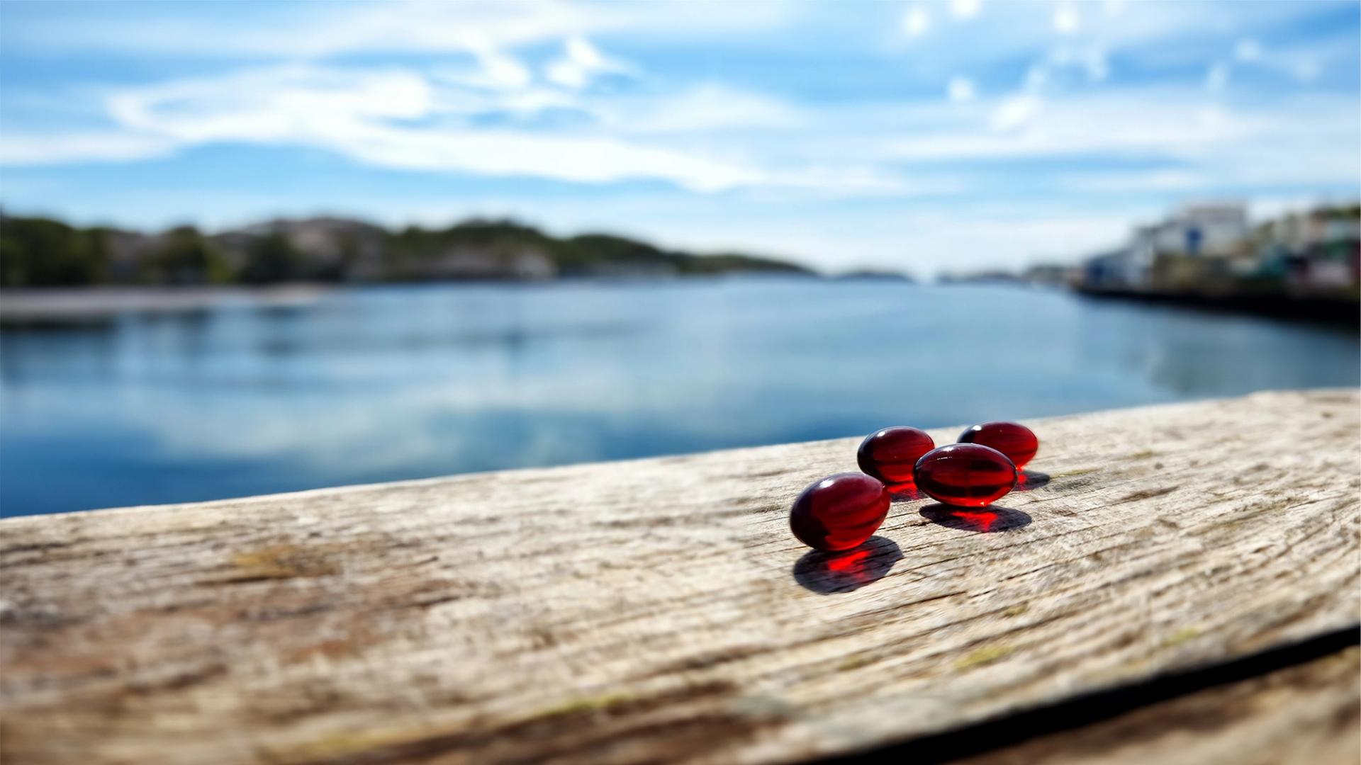 Red calanus oil capsules on a wooden dock