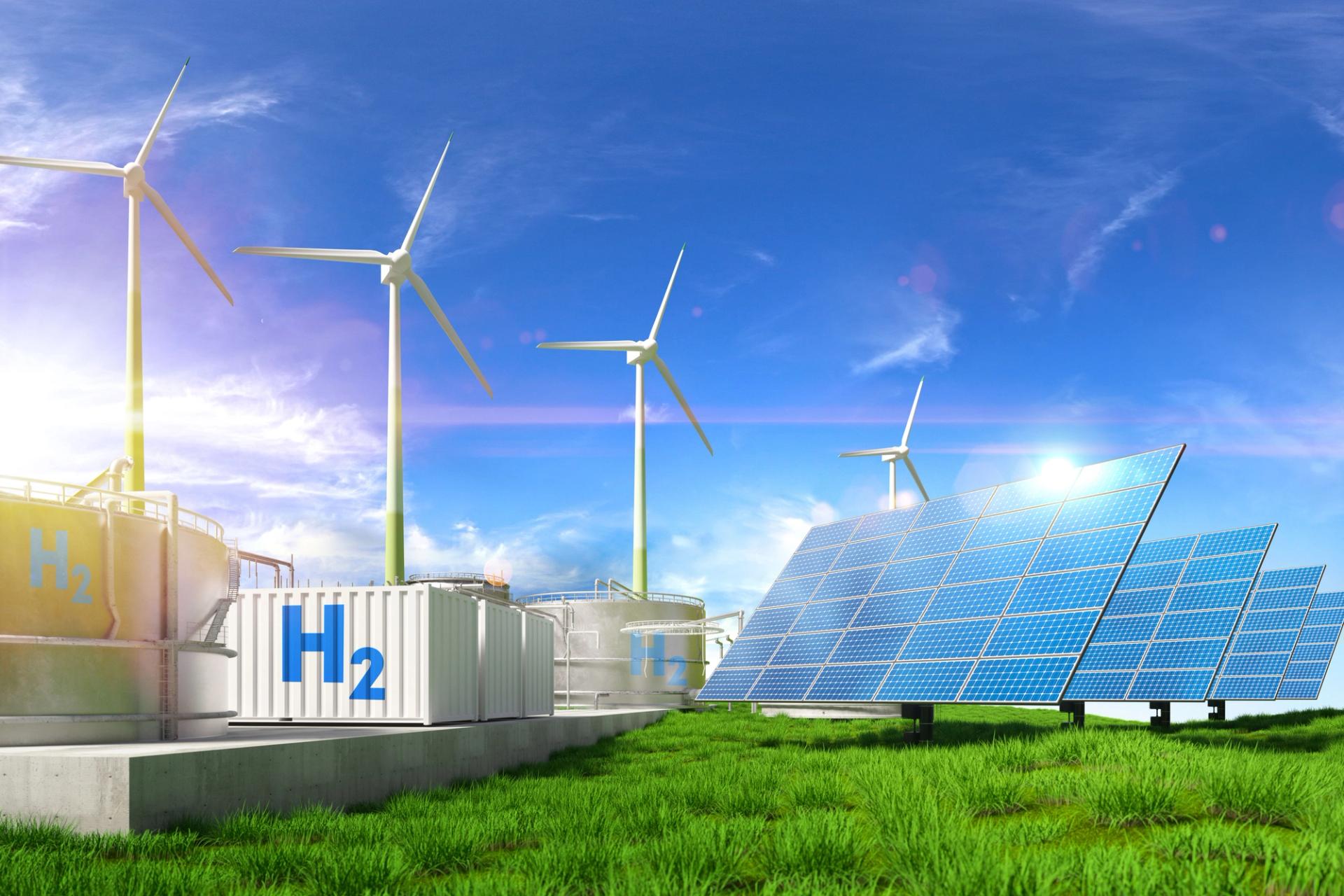 Windmills, solar cell panels and hydrogen tanks