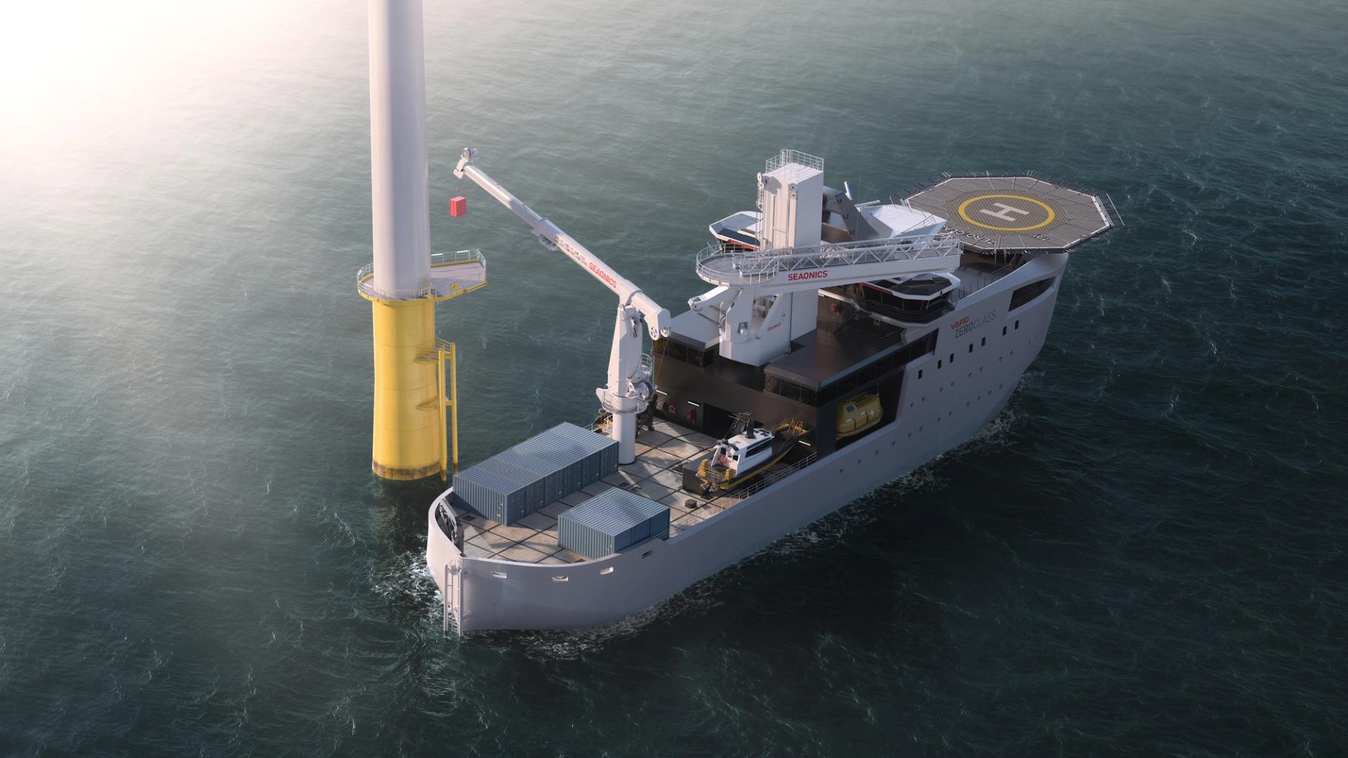 Crane lifting cargo from a boat to an offshore wind turbine platform