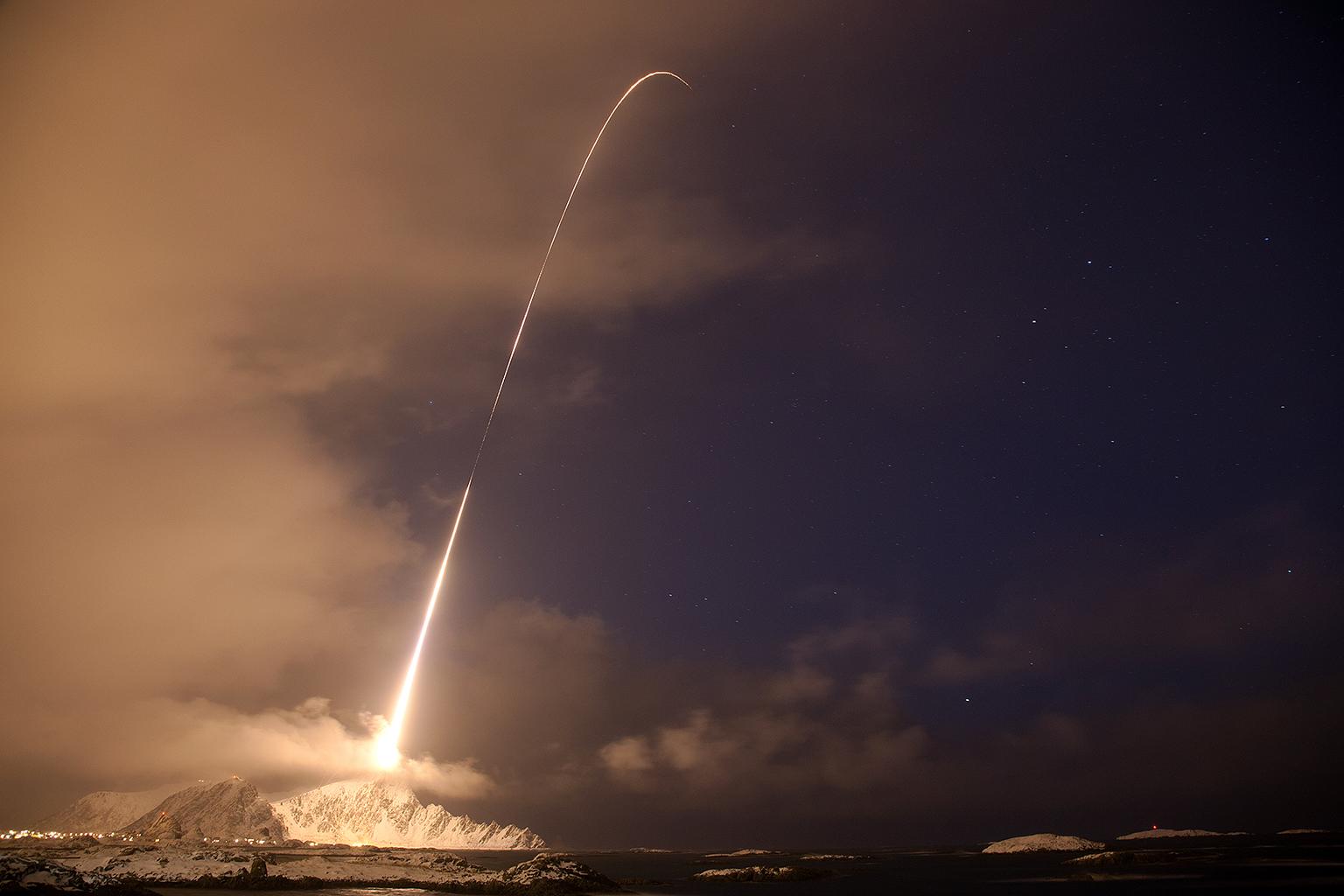 Source: NASA-Photographers captured these digital photos of a four-stage Black Brant XII sounding rocket and the aurora borealis on December 12, 2010, during the NASA-funded Rocket Experiment for Neutral Upwelling (RENU).