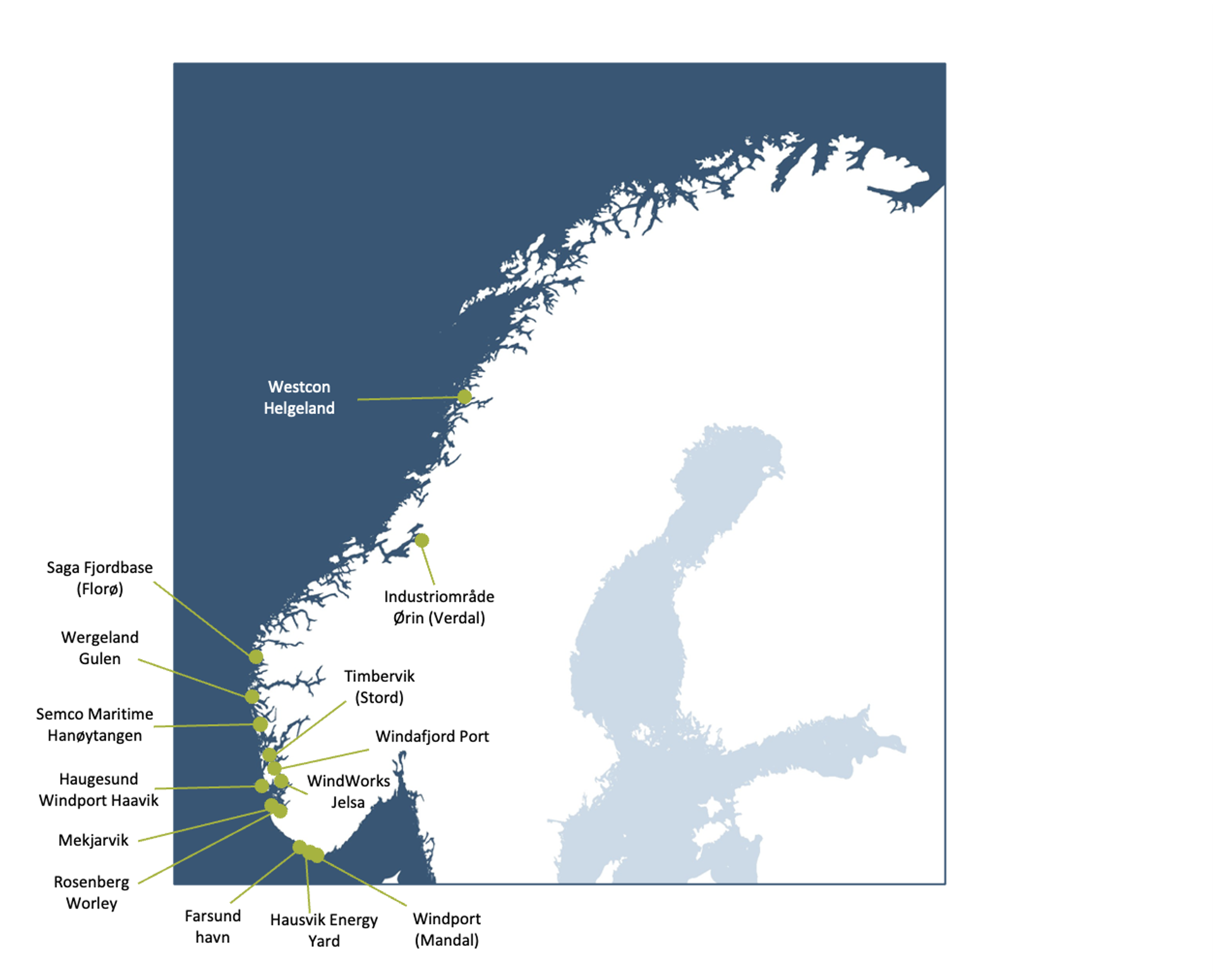 Map from Menon Economics of the offshore wind ports in Norway