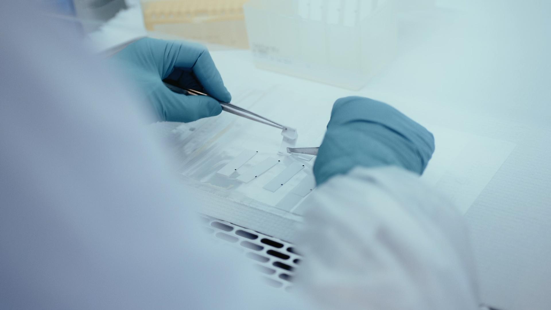 A scientist with tweezers looking at lab results