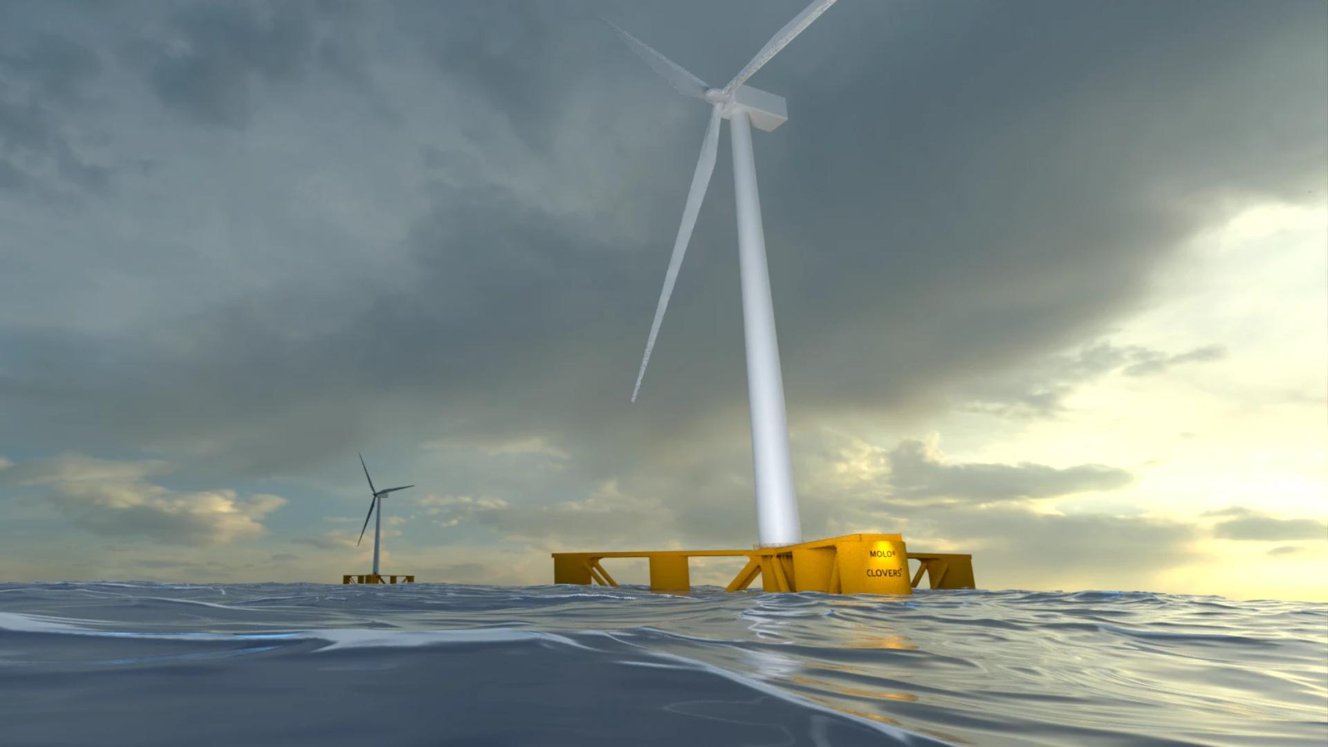 Two offshore wind turbines with yellow floating platforms